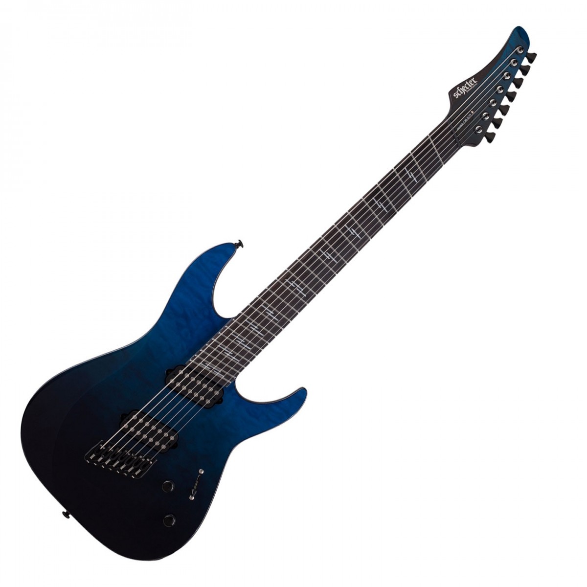 En bild på Schecter Reaper-7 Elite MS Deep Ocean Blue | Schecter Reaper-7 Elite MS är en blixt av metallmagi. Snygg mörk och dödlig den kommer att pumpa ut power-ackord med explosiv styrka. Detta är tack vare dess dubbla Schecter USA San Andreas-pickuper som är minst sagt grymma. Genom att erbjuda dig ett brett spektrum av brinnande ljud kommer de att vråla ut bastoner och skära genom genomträngande solon för att förtrolla din publik. Styr scenen.   Denna elgitarr spelar väldigt snabbt. Den har en lyxig greppbräda i ebenholts av högsta kvalitet och ett Hipshot-stall i flera skalor så att du har tillgång till alla slags galna riff. Den är även härligt smidig och enkel att navigera. Halsen är "C"-formad och den är ett paradis för att shredda. Den är även en dröm att hålla och du kommer kunna spela skalor blixtrande snabbt. Det är dags att skörda frukterna av Reaper-7 Elite MS.