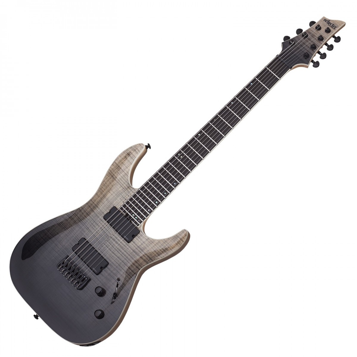En bild på Schecter C-7 SLS Elite Black Fade Burst - F.d. utställningsmodell | Schecter C-7 SLS Elite i Black Fade Burst är en kompromisslös shred-gitarr med en fullmatad innehållsförteckning som är utformad för att ge verkligt obesvärat gitarrspel. Denna modell har en extra 7:e sträng för ökad räckvidd och modern fokus. Fishman Fluence Modern humbucker ger C-7 SLS Elite det senaste inom pickup-teknik för en mångsidig och brusfri prestanda. De har exceptionellt frekvens-respons för att ge den klarhet som behövs för sju-strängat riffande. Pickuperna är lindade med push/pull volym- och ton-potentiometrar för att ett fantastiskt utbud av ljud ur den ljusa och resonanta träskask-kroppen med slående flammigt lönn-lock. Den tunna flerskiktade halsen är förstärkt med kolfiber för otrolig stabilitet och monteras på gitarren med en thru-neck-konstruktion för smidig åtkomst till alla 24 band. På tal om banden... C-7 SLS Elite-banden är enorma! De ger utmärkt grepp på strängarna och monteras med en compound radius för den perfekta moderna balansen mellan komfort och spelbarhet. C-7 SLS är en gitarr med fast stall och har en string-thru kroppsdesign med låsande stämskruvar för utmärkt stämstabilitet. Här har du en exceptionellt fullspäckad gitarr som inte sätter hinder för högoktanigt spel; du kan vara säker på att C-7 SLS inte kommer att hålla dig tillbaka.Ex-Demo: Denna produkt kan vara ex-display ha mindre tecken på användning eller lätta ytliga skråmor. Originallådan eller paketeringen kanske inte ingår. Varje objekt har kontrollerats av vårt team av reparationstekniker för att försäkra att det möter våra höga standarder. Detta är en fantastisk möjlighet att köpa en fullt fungerande produkt till ett nedsatt pris.