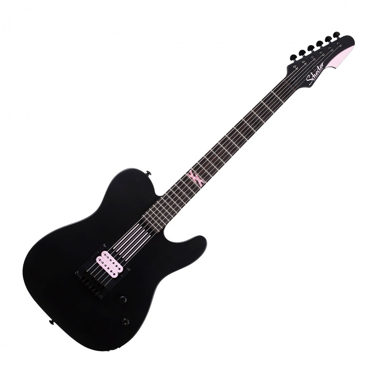 En bild på Schecter PT-MGK Machine Gun Kelly Signature Black | Schecter PT-MGK Machine Gun Kelly Signature är en gitarr som designades för att hjälpa musiker att uppnå MGK:s signature. Utrustad på denna modell är en unik anpassad Schecter USA Pasadena Plus pickup som ger kraftfull och dynamisk röst. Tack vare den otroliga produktionen av denna gitarr är den perfekt för att spela rock metal och andra högenergigenrer. Dessutom ger volymkontrollen och kill-omkopplaren dig många alternativ för att skapa ditt unika ljud precis som MGK. Men PT-MGK är inte bara designad för ljud den är också skulpterad med spelbarhet och hantverk i åtanke. Den slimmade designen gör den lätt att hålla och flytta runt på scenen medan PT-H-stalln med sträng genom kroppen ger stabilitet och sustain. Dessutom säkerställer Schecter låsande tuners maximal stabilitet även under energiska prestationer. Denna signature är en högkvalitativ gitarr som kan hjälpa blivande musiker att uppnå sin dröm om att bli en rockstjärna precis som MGK.