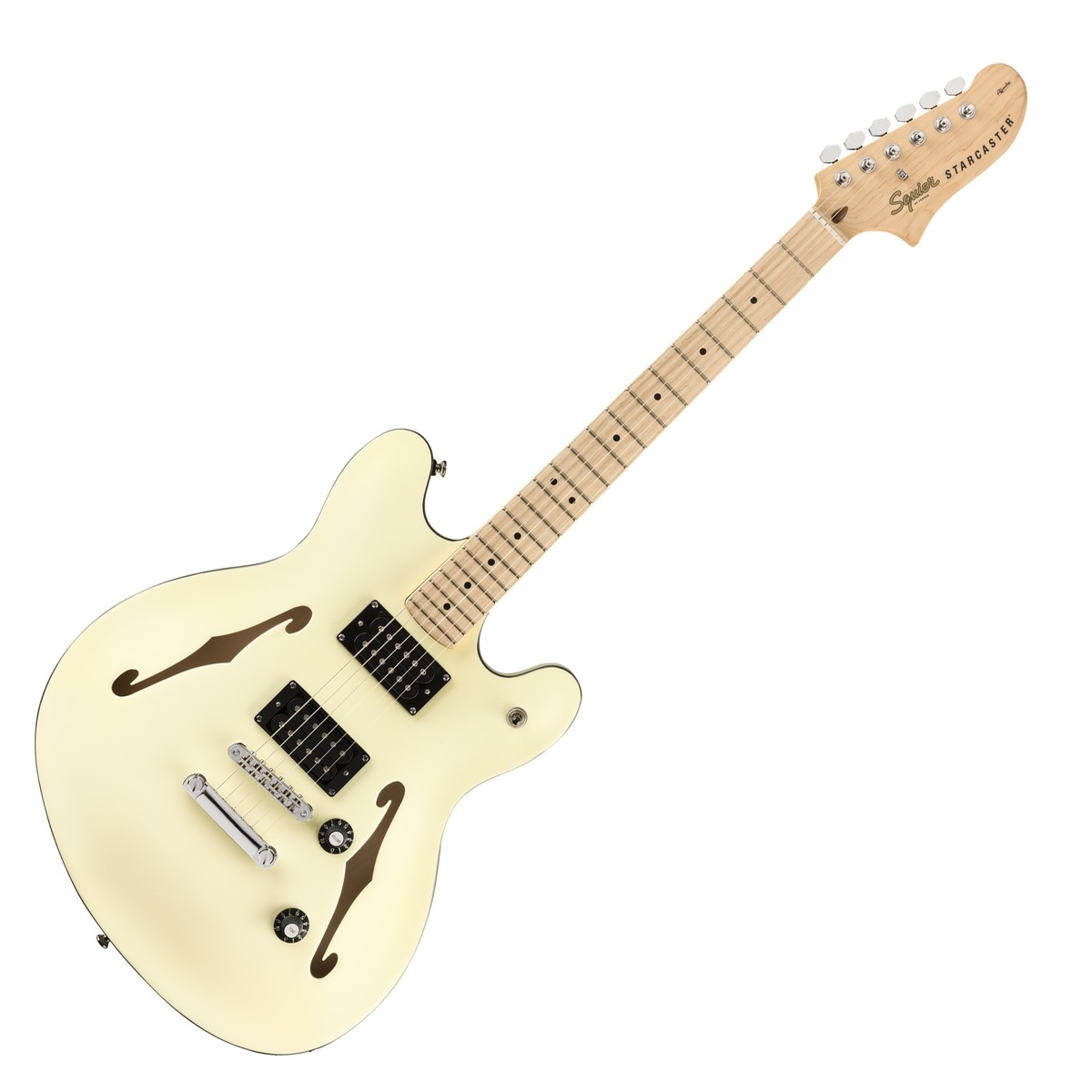 En bild på Squier Affinity Starcaster MN Olympic White | Du är en stjärna. Eller du kommer att vara det när du håller Squier Affinity Starcaster. Byggd för den moderna musikern kommer dess expertdesignade funktioner att spela dig i flera dagar. Den halvihåliga kroppsdesignen och den klassiska Starcaster-formen ger det ett vackert ljud och känsla med två humbuckers som ger en kraftfull klar orörd ton. Varje not du spelar kommer att explodera med värme och karaktär och en sidenmatt uretan finish på halsen gör spelar det en vind. Oavsett vilken nivå du är på - denna gitarr kommer att belöna dig gång på gång.