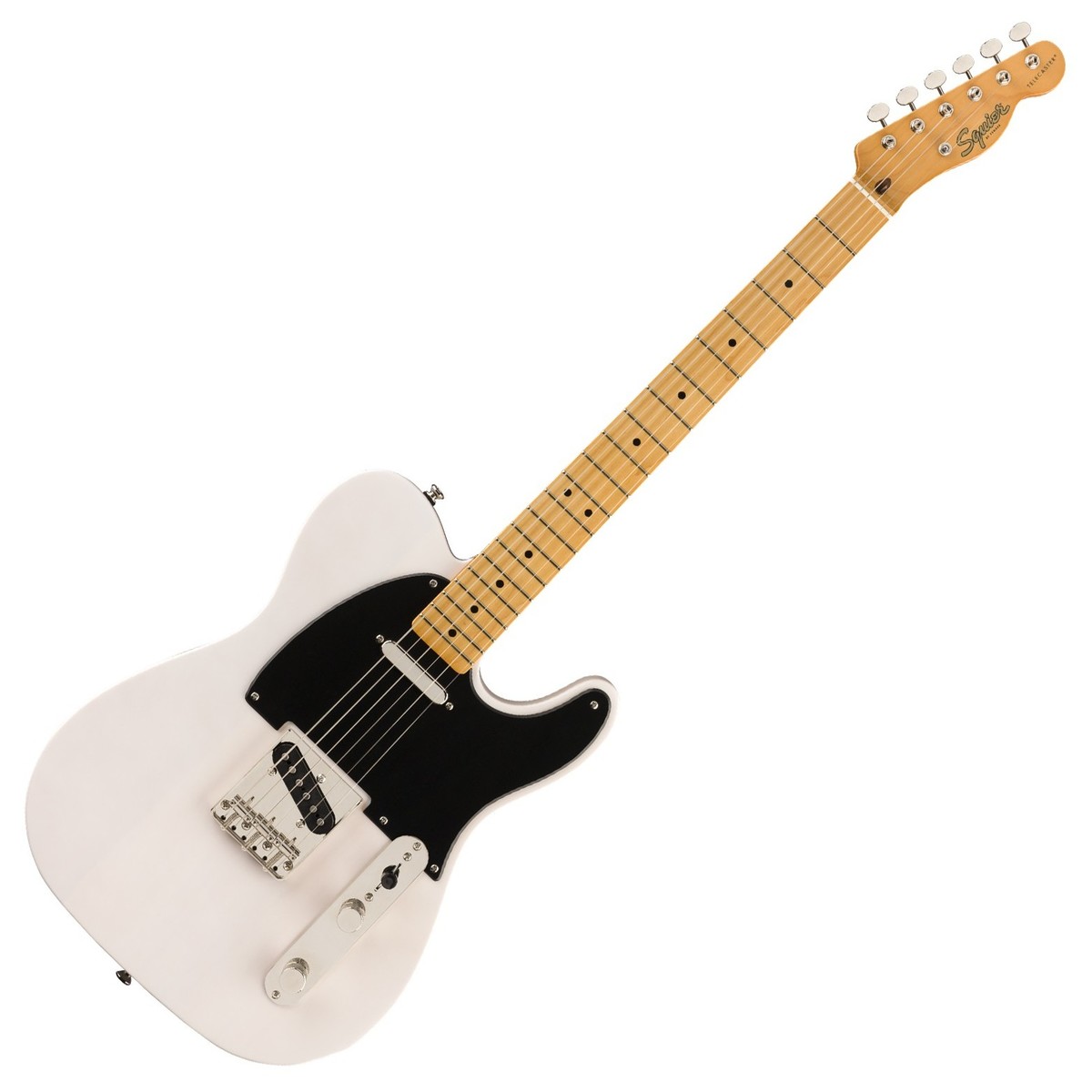 En bild på Squier Classic Vibe 50s Telecaster MN White Blonde | Klassisk och distinkt. Squier Classic Vibe 50s Telecaster MN kombinerar en autentisk 50-tals estetik med ett varmt vintage ljud. Och den ger en mjuk och bekväm spelarvänlig känsla. Född att vara på scenen. Detta är ljud stil och känsla som är säker på att vända huvuden vart du än spelar. Du kommer inte bli besviken.   Det är dags att sätta din märke på rocknroll. Denna Squire Classic Vibe Tele är utrustad med Fender Designed Alnico enkelspoliga pickuper för det varma percussiva ljudet med en vintage kant. Du kan spela ett brett utbud av stilar och utforska den distinkta Tele Twang. Du kommer inte vilja lägga ner det. Och tack vare en vintage-stil Telecaster stall och en string-through kroppsdesign erbjuder Classic Vibe Tele sublim hållbarhet och stabil stämning. Ett instrument med en riktigt distinkt känsla - det är dags att släppa lös din inre legend med Squire.