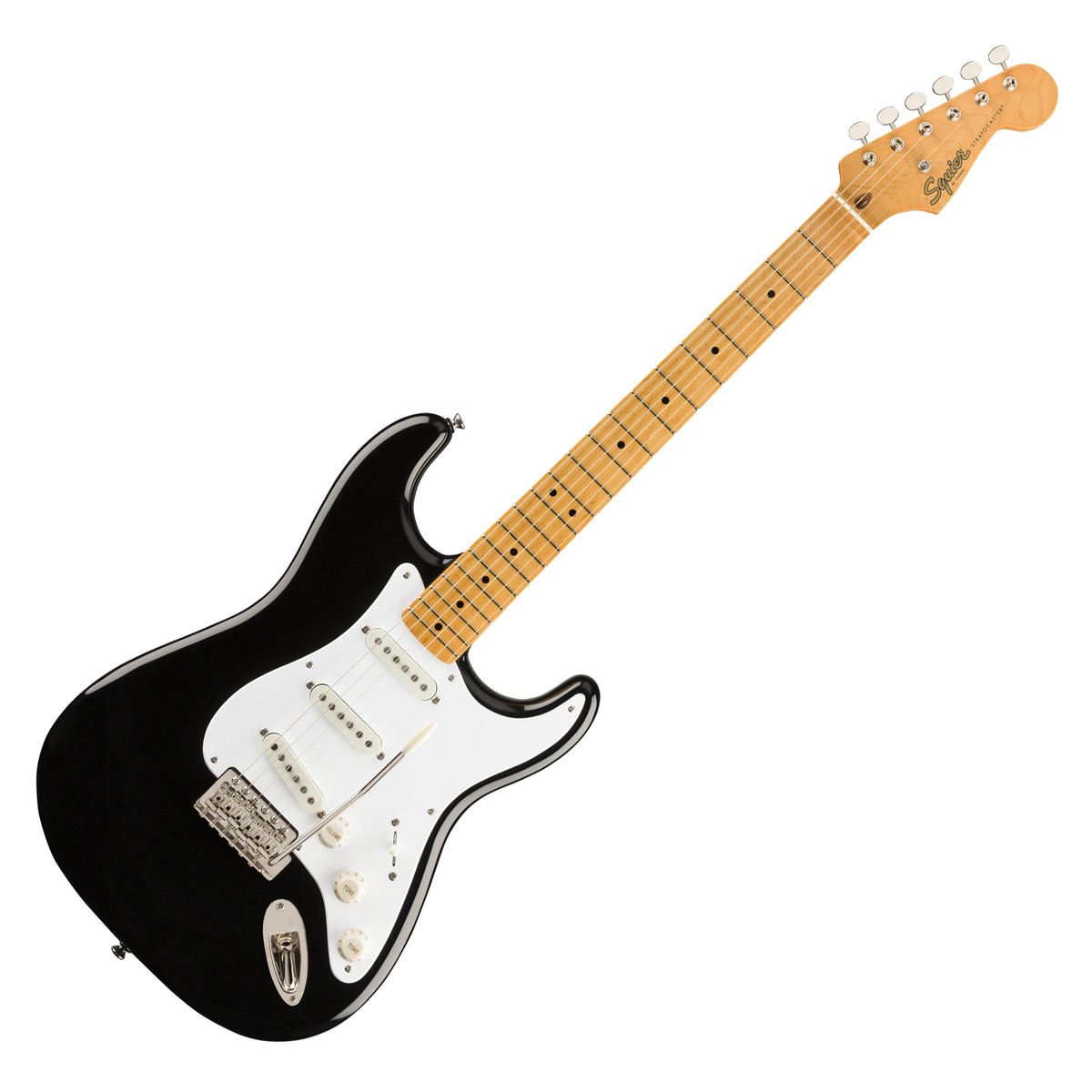 En bild på Squier Classic Vibe 50s Stratocaster MN Black | Squier Classic Vibe 50s Stratocaster tar dig på en resa direkt till 50-talet. Dess utseende och känsla kommer att ge dig gåshud när du upplever ren nostalgi från att spela detta vackert utformade instrument. Från de tre Fender designed enkelspoliga pickuperna till den snygga lönnhalsen och greppbrädan - allt är äkta. Du kommer att kunna locka fram en rik varm vintageton från denna gitarr med lätthet. Och det är lätt att bli kär i sitt charmiga utseende. Om du letar efter en gitarr som kommer att ge dina riffar den klassiska vintageglansen och gnistan - det här är det.