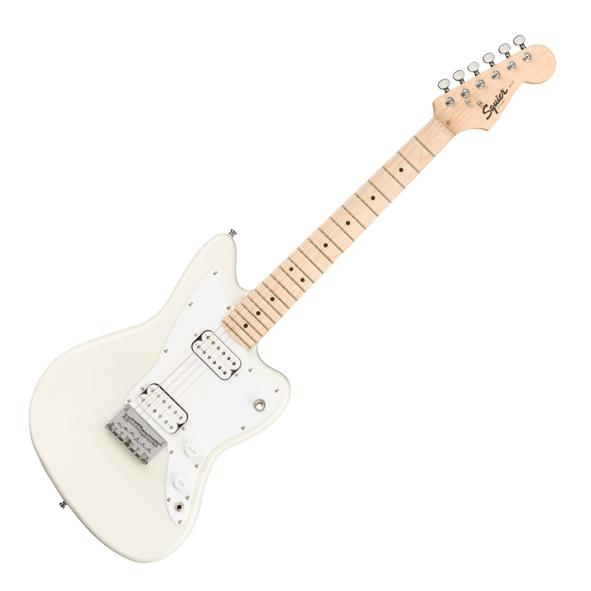 En bild på Squier Mini Jazzmaster HH MN Olympic White | Jazza till det. Squier Mini Jazzmaster ger dig fullständig speltillfredsställelse. Med ett par Standard Humbucking-pickuper kommer det att leverera en skarp hög output ton som verkligen tjockar upp dina riff. Och en vacker lönnhals och greppbräda ger dig förmågan att spela vilken stil som helst på ditt eget sätt vilket också lyser upp din resonans för en stöt ton. Squier hårdvara av högsta kvalitet avslutar den här vackra modellen vilket hjälper dig att hålla dig i stil och inspireras. Det kan vara små i storlek men denna gitarr förpackningar ett fan av en punch.