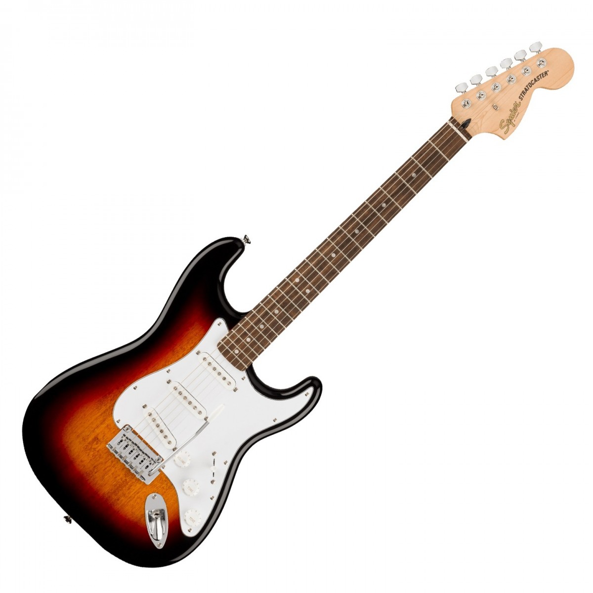 En bild på Squier Affinity Stratocaster LRL 3-Color Sunburst | Squier Affinity Stratocaster presenterar en legendarisk modell mer tillgänglig än någonsin. Genom att introducera den klassiska Stratocaster-ljudkvaliteten och stilen i en extremt prisvärd modell råder det ingen tvekan om att detta är en förstklassig rock and roll-gura.   Skapa ett fantastiskt tonomfång. Squier Affinity Stratocasterns perfekta blandning poppel lönn och indisk lager ger dig perfekt skärpa och definition vid varje frekvens. Spelbarheten är absolut maximal tack vare den bekväma C-formade halsprofilen. Du kommer att kunna öva och spela länge utan att lida av kramper. Experimentera med din tonhöjd hur lätt som helst. Det synkroniserade svajstallet gör det lätt att spela pitch bends med gitarrens svajarm. Original Stratocastern är en musiklegend som har dykt upp i Jimi Hendrix The Who Pink Floyd och The Beatles låtar för att bara nämna några. Denna Squier Affinity-modell ger alla ikoniska Stratocaster-ljud i en gitarr som är lätt tillgänglig för alla.
