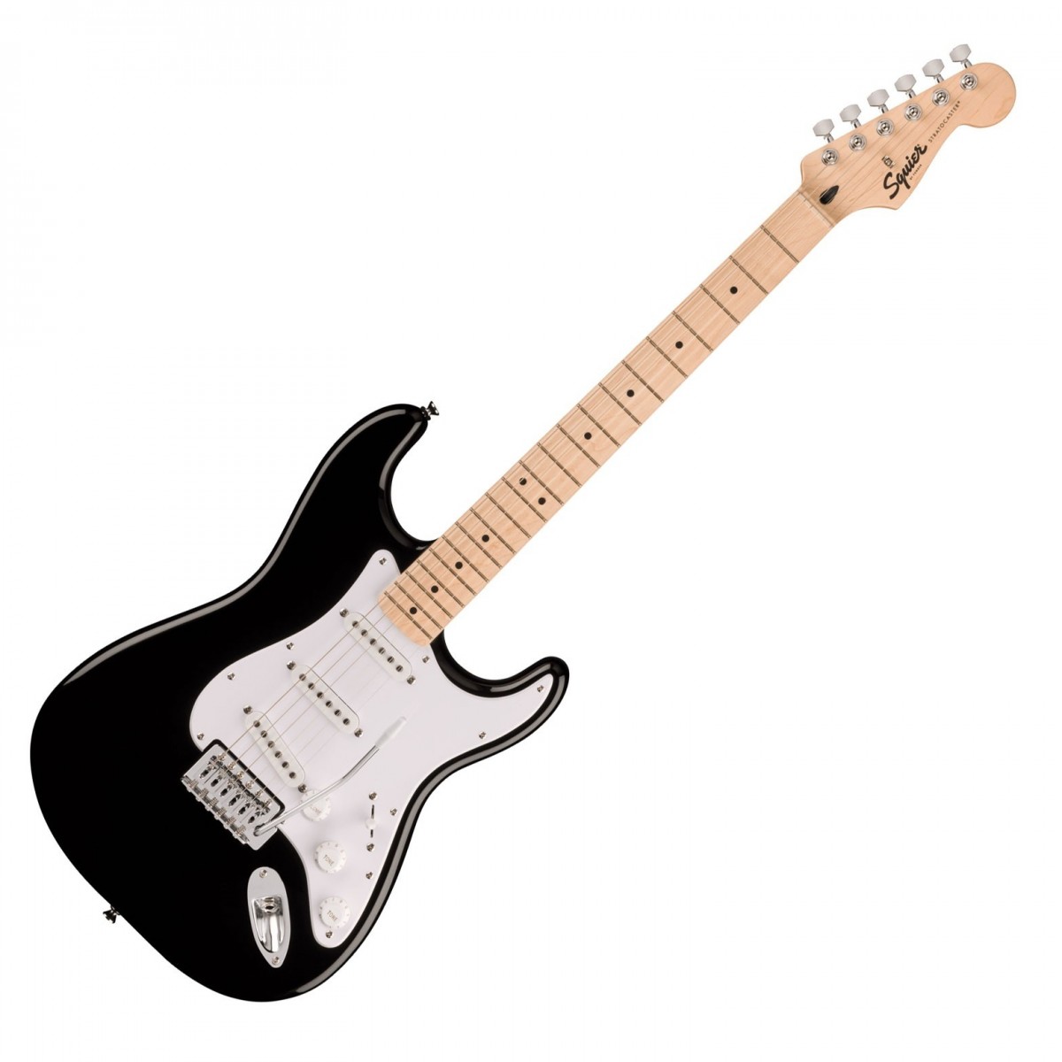 En bild på Squier Sonic Stratocaster MN Black | Squier Sonic Stratocaster MN är en utmärkt startpunkt för alla blivande musiker. Med den ikoniska Fender Stratocaster -designen spelbarheten och tonerna till ett nybörjarvänligt pris kommer den att starta ditt musikaliska äventyr i warpfart! Tack vare de kristallklara tonerna från tre Squier pickuper kommer du att kunna prova en mängd olika genrer och hålla ditt spelande fräscht. Och på tal om att spela det kommer att kännas så mycket smidigare på Squier Sonics slimmade "C"-formade hals. Den är superbekväm att hålla i och perfekt för att bygga upp din teknik samtidigt som du undviker den fruktade handkrampen. Dessutom kan du lägga till extra uttryck i varje ton eller ackord genom tremolo-armen - den introducerar den klassiska skimrande effekten för att ge din musik extra rörelse och djup! Komplett med Strat-hårdvara av hög kvalitet som stämskruvar med förseglade kugghjul och en stall med sex sadlar kommer du att kunna fokusera mer på ditt spelande och mindre på stämningen! Nå din potential med Squier Sonic Stratocaster.