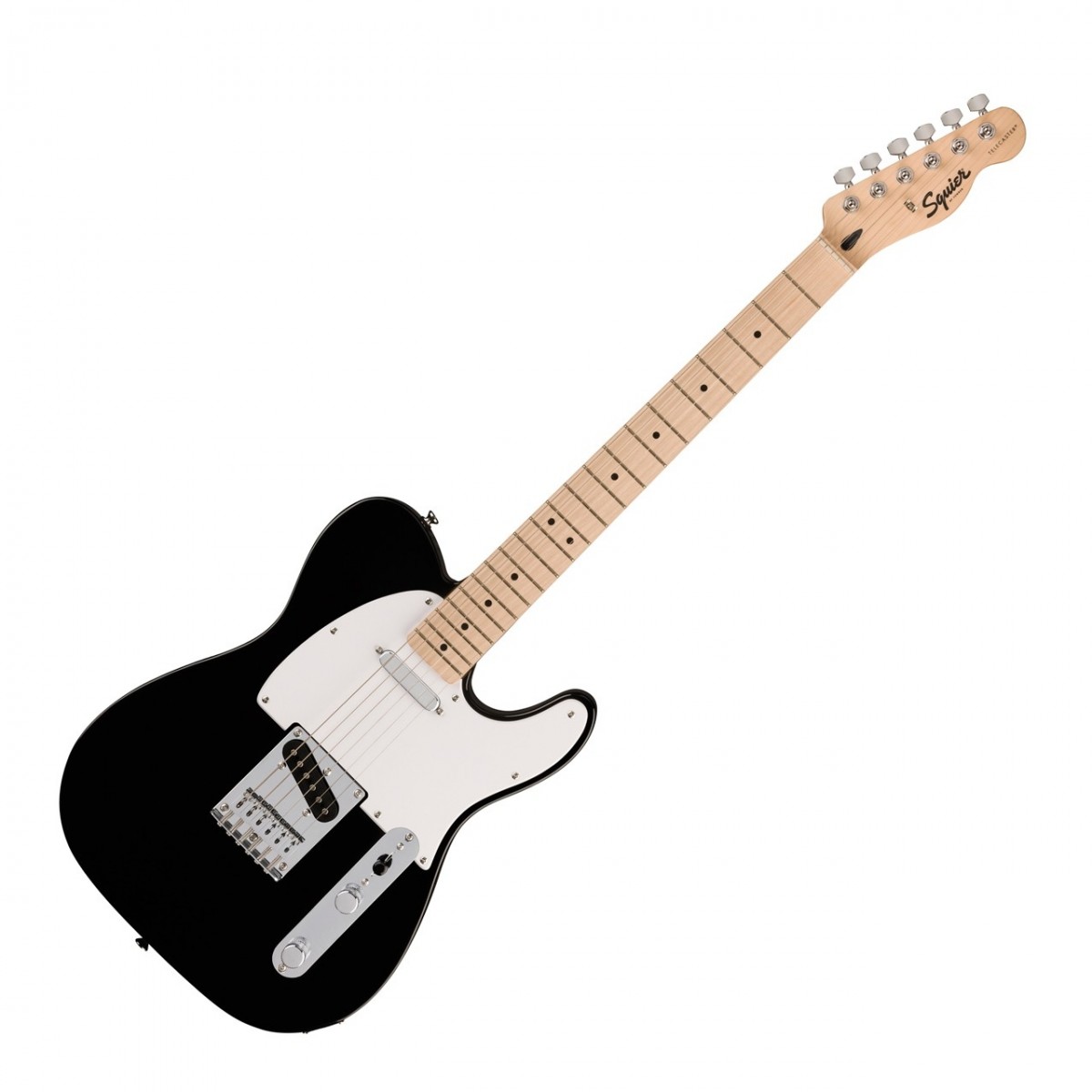 En bild på Squier Sonic Telecaster MN Black | Squier Sonic Telecaster MN är den perfekta basen för att upptäcka ditt ljud och släppa loss din kreativitet. Denna modell erbjuder Fender ikoniska stil och ton tillsammans med en smal C-formad hals och en lätt kropp för den ultimata komforten medan du presterar. Rör dig fritt på scenen utan att känna dig tyngd till en plats. Och tack vare tillägget av greppbrädan i lönn har spel fretting och solo aldrig känts så lyxigt.  För den optimala spelupplevelsen är denna Telecaster utrustad med ett par keramiska enkelspoliga pickuper som erbjuder en ljus och tung stall kompletterad med en varm och mjuk hals. När den kombineras ger den här elektroniken det perfekta utbudet för dig att enkelt plocka strumma och shredda. Alla dina toner kan bevaras perfekt som du vill ha dem medan du presterar tack vare det 6-sadel hardtail-stallet. En pålitlig intonation och exakt stämning. Fånga rampljuset med Squier Sonic Telecaster.