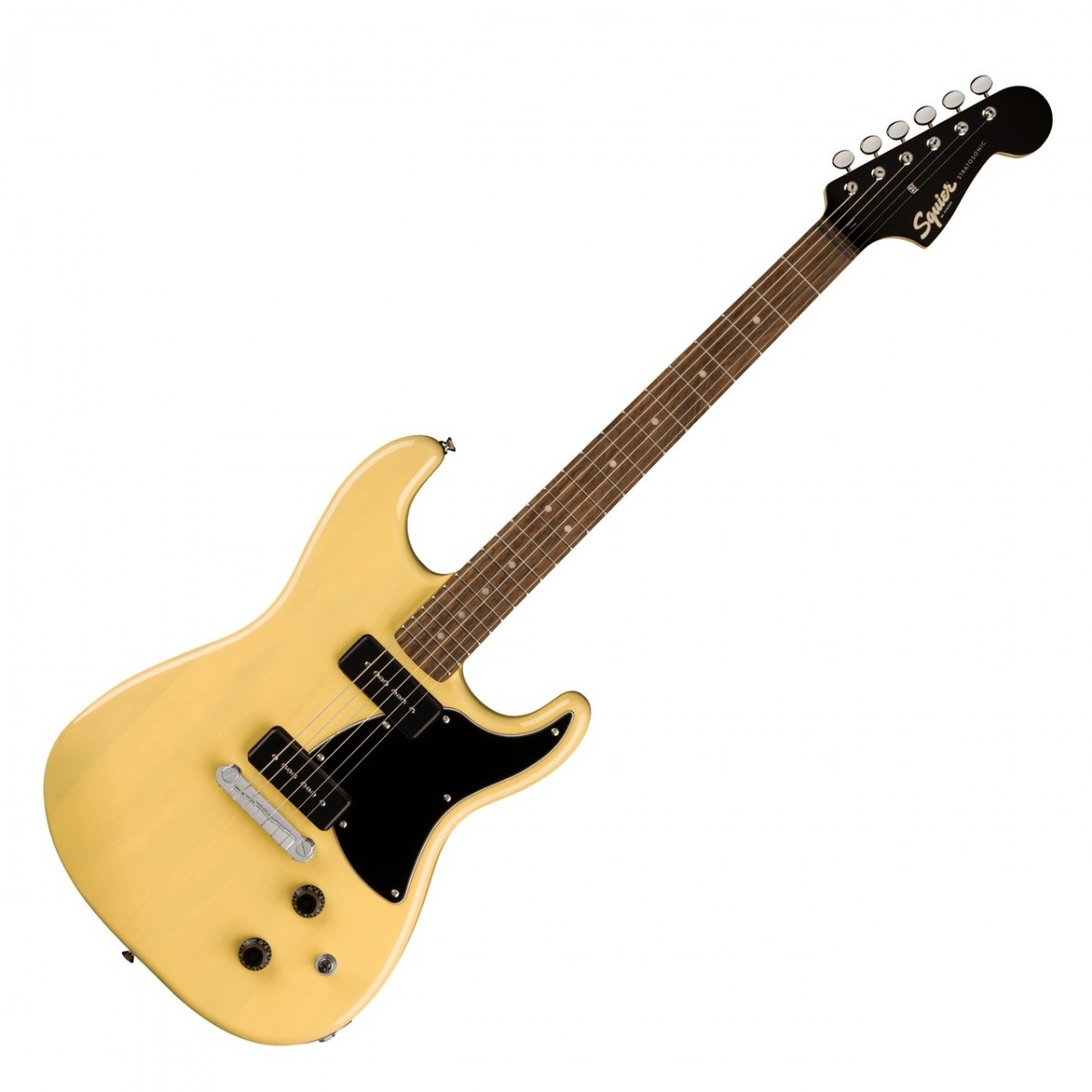 En bild på Squier Paranormal Strat-O-Sonic Vintage Blonde | Squier Paranormal Strat-O-Sonic är en klassisk gitarr uppdaterad med moderna funktioner för att ge en exceptionell spelupplevelse. Den levereras med dubbla Fender-designade alnico soapbar enkelspoliga pickuper för en kraftfull men ändå öppen ton som är perfekt för mjuk blues och rock. Dessutom finns en rad kontroller som ger dig en otrolig tonal palett att experimentera med. Hoppa mellan genrer eller upptäck din egen unika stil.  Tillverkad med en okoume-kropp lönnhals och lagerbräda erbjuder Strat-O-Sonic oöverträffad komfort och exceptionell spelbarhet. Med en smal C-formad halsprofil och en snabb greppbräda på 12-tums radie kan du enkelt navigera från band till band så att du enkelt kan tackla även de mest utmanande riff och solon. Dessutom säkerställer stämskruvarna i vintagestil smidig och exakt stämning vilket förhindrar att några irriterande stämningsproblem kommer i vägen för att skapa vacker musik. Oavsett om du precis har börjat eller om du är en erfaren spelare är denna Paranormal Strat det perfekta tillägget till din samling med ett utbud av mångsidiga toner och fantastiskt utseende som säkerställer att du får ut det mesta av din upplevelse.