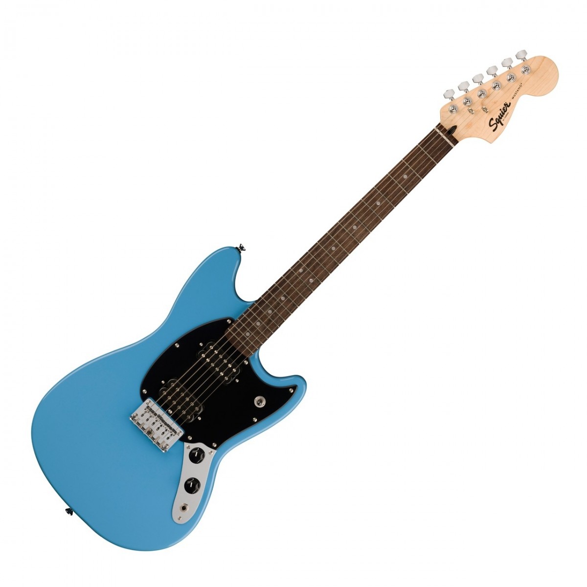 En bild på Squier Sonic Mustang HH LRL California Blue | Squier Sonic Mustang HH LRL är en legendarisk modell med en smidig och bekväm spelbarhet - perfekt för blivande gitarrister. Dess slående poppelkropp skiner med en glansig finish och ett ploppande plektrumskydd. Och tack vare en lätt byggnad och lyxig C-formad hals kan du spela helt sömlöst och aldrig uppleva obehag på axeln.  Tack vare dess förseglade pressgjutna stämskruvar kan du garantera att du alltid har exakt stämning. Dess kraftfulla och mångsidiga Squier keramiska humbucker erbjuder den perfekta blandningen av toner för att hantera vilken stil eller genre som helst. Skulptera exakt det ljud du vill ha via volym- och tonkontrollerna. Ändra sättet du spelar på.