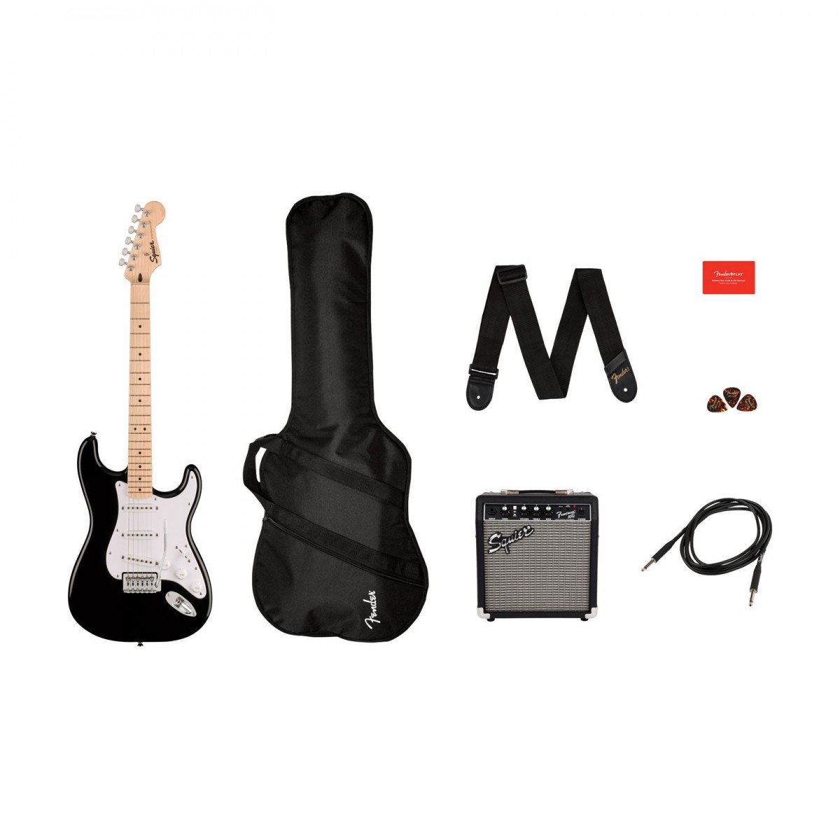 En bild på Squier Sonic Stratocaster Pack Black | Squier Sonic Stratocaster paketet är här för att starta ditt musikäventyr i raketfart! Den innehåller alla nödvändigheter en blivande gitarrist behöver för att få spela. Det börjar med den ikoniska Stratocaster gitarren som är omarbetad i den nya Sonic-stilen den är tunn elegant och en bris för alla nivåer av musiker att plocka upp. Med en konturformad och smal hals ger den bekväma spänningar medan dess tre enkelspoliga pickuper sjunger med en ljus och mångsidig ton - perfekt för att pröva vilken musikgenre som helst!  Och för att höra gitarren ryta är en praktisk Squier Frontman 10W-förstärkare den har både rena och crunch-kanaler för att uttrycka en mängd olika spelstilar förutom en tvåbands EQ för tonformning. Den är liten och kompakt för enkel transport och förvaring och tillsammans med den vadderade spelningsväskan kommer du enkelt till lektioner eller träningspass. Till råga på allt det finns tre månaders Fender Play-undervisning inkluderad så att du kan få ner grunderna hemifrån! Börja spela sluta vänta med Sonic Stratocaster Pack.