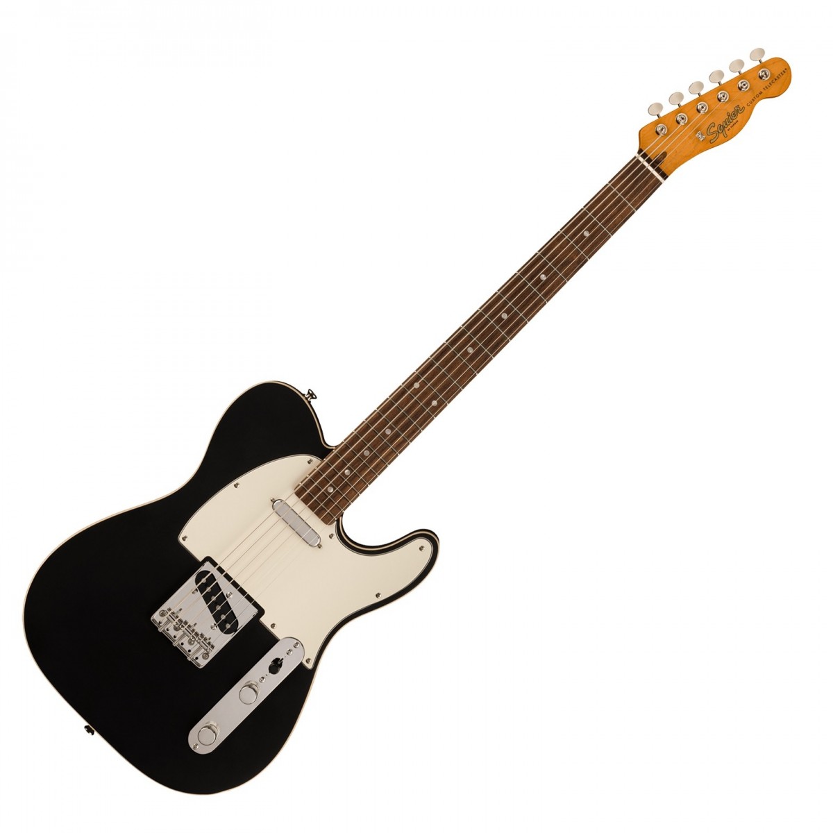 En bild på Squier FSR Classic Vibe Baritone Custom Telecaster Satin Black | Squier FSR Classic Vibe Baritone Custom Telecaster är en blinkning till de dubbelbundna Tele-modellerna från 1960-talet och erbjuder den utökade 27-tums skalan som krävs för Baritone-stämningar. Den förlängda skalan ger en basrik karaktär till dina toner som fångas upp med perfekt klarhet av Fender-designade alnico-pickuper. Tillsammans med en lättspelad "C"-formad halsprofil och 95" radie med smala frettrådar kommer du att tycka att denna retroskönhet är svår att lägga ifrån sig! Ännu bättre är att halsen är avslutad med en vintage-tint glans för att ge dig den där old school-glansen och smidiga manövrerbarheten.  Halsen kompletteras av stämskruvar i vintagestil och ett stall i vintagestil med barrel saddles vilket fulländar Squier FSR Baritones autentiska 60-tals-vibbar och mojo. Dess string-through-design och Fender kvalitetsnivåer innebär att du kan utforska lägre stämningar med total stabilitet medan en 60-talsinspirerad Gitarrhuvudmarkering och förstklassig nickelpläterad hårdvara avrundar den nostalgiska charmen hos denna funktionsfyllda gitarr.