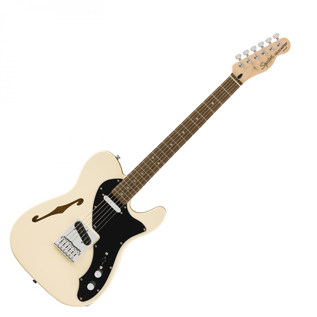 En bild på Squier Affinity Series Telecaster Thinline Laurel Fingerboard Black Pickguard Olympic White - Nearly New | Serien Squier Affinity serien Telecaster Thinline är en utmärkt instegsmodell i den ikoniska Fender -familjen perfekt för blivande gitarrister. Denna Telecaster har en tunn och lätt kammad kropp vilket gör den lätt att hantera och bekväm att spela på. Den slimmade C-formade halsprofilen ger ett bekvämt grepp medan string-through-body-stalln förbättrar resonansen och sustainen i kroppen. Utrustad med dubbla Squier enstaka-coil Tele-pickuper och ett 3-vägs switchsystem erbjuder denna gitarr ett mångsidigt utbud av toner som passar för olika musikaliska genrer. De förseglade stämskruvarna i gjutgods med delade axlar ger en jämn och exakt stämning och är lätta att stämma om.