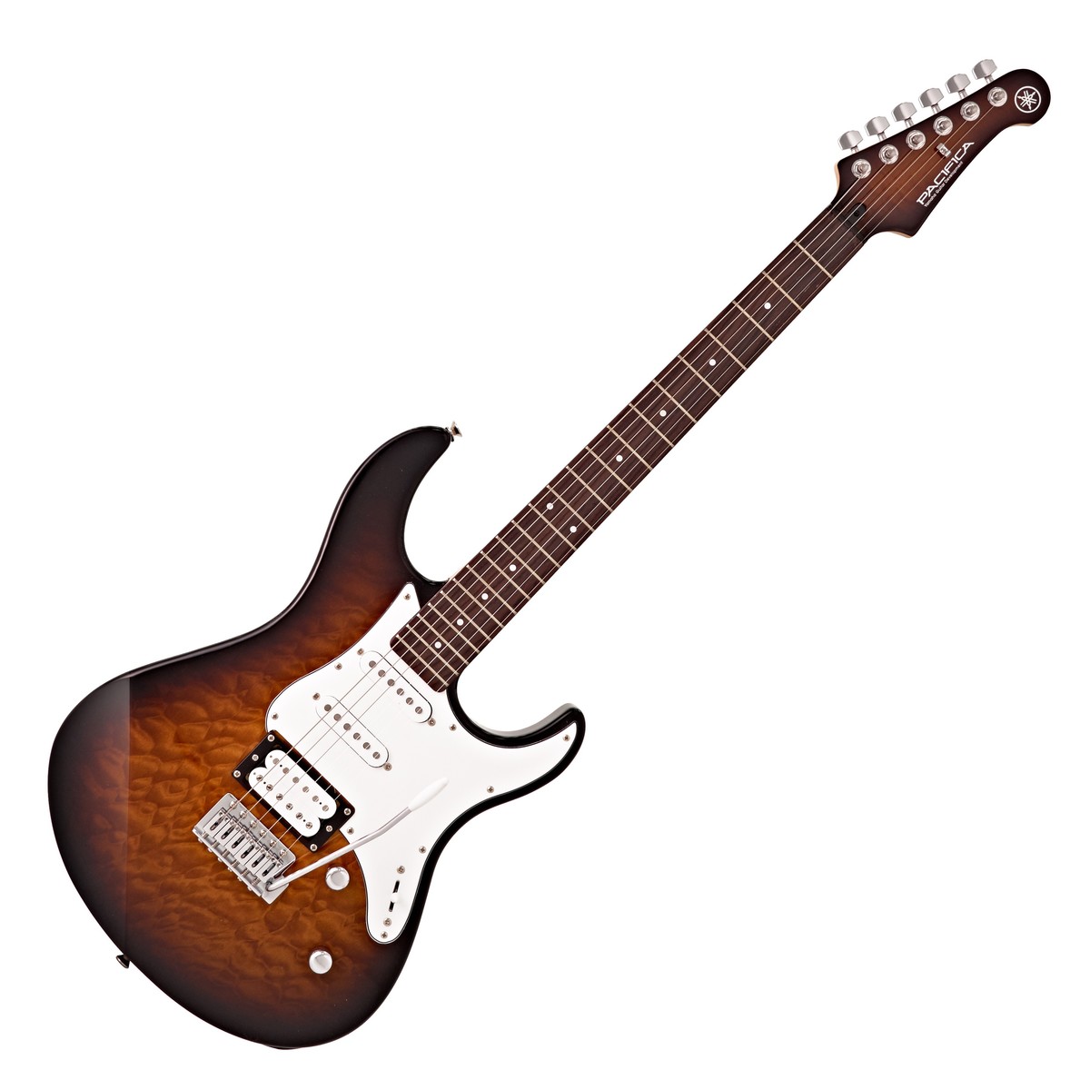En bild på Yamaha Pacifica 212VQM Elgitarr Quilted Maple Tobacco Brown | Yamaha Pacifica 212VQM är både ljudmässigt och visuellt tilltalande. Kombinationen av träslag som används för att konstruera gitarren tillsammans med pickuperna producerar välbalanserade toner med mycket klarhet och sustain. Alnico-pickuperna levererar också beröringskänslighet dynamik och utmärkta övertoner för perfekt prestanda.  Förutom den fantastiska rösten får du också en bekväm spelupplevelse. Kroppen har skulpterats till en dubbel cutaway profil vilket ger bättre tillgång till de övre banden för en extra glans i din prestation. Halsen tillåter också timmar av bekvämt spel eftersom den passar naturligt i handflatan. En allrounder. Det blir inte bättre än så här.
