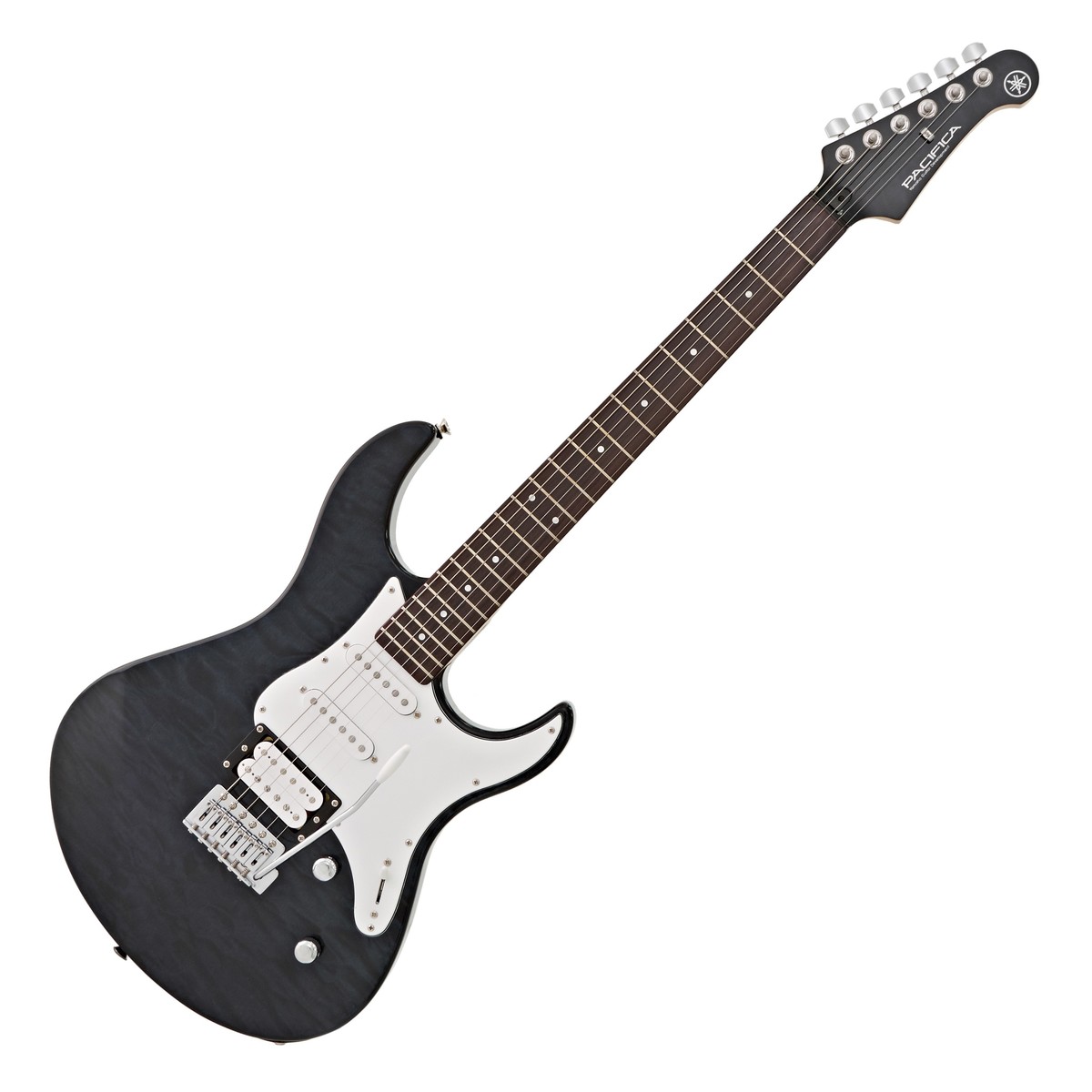 En bild på Yamaha Pacifica 212VQM Quilted Maple Trans Black | Yamaha Pacifica 212VQM Quilted Maple Trans Black har en vacker quilted maple-topp som erbjuder ett fint ljud och snyggt utseende. Pacifica 212V har en jämn lönnhals som erbjuder tajta fräsande toner och tillåter snabba flytande rörelser över greppbrädan. Greppbrädan är tillverkad av rosenträ för en varm söt och härlig ton. 212VQM är utrustad med tre Alnico V-pickuper i HSS-konfiguration. single coil-mickarna erbjuder skarpa toner och stall humbuckers producerar ett tjockt och fylligt ljud. Den flammiga lönntoppen förstärker det övergripande ljudet med utmärkt ringande sustain och de vackra naturliga träfibrerna tillför ytterligare stiliga särdrag till utseendet. Pacifica 212VQM har en slående Trans Black-yta med ett kontrasterande vitt plektrumskydd för ett klassiskt rock utseende.