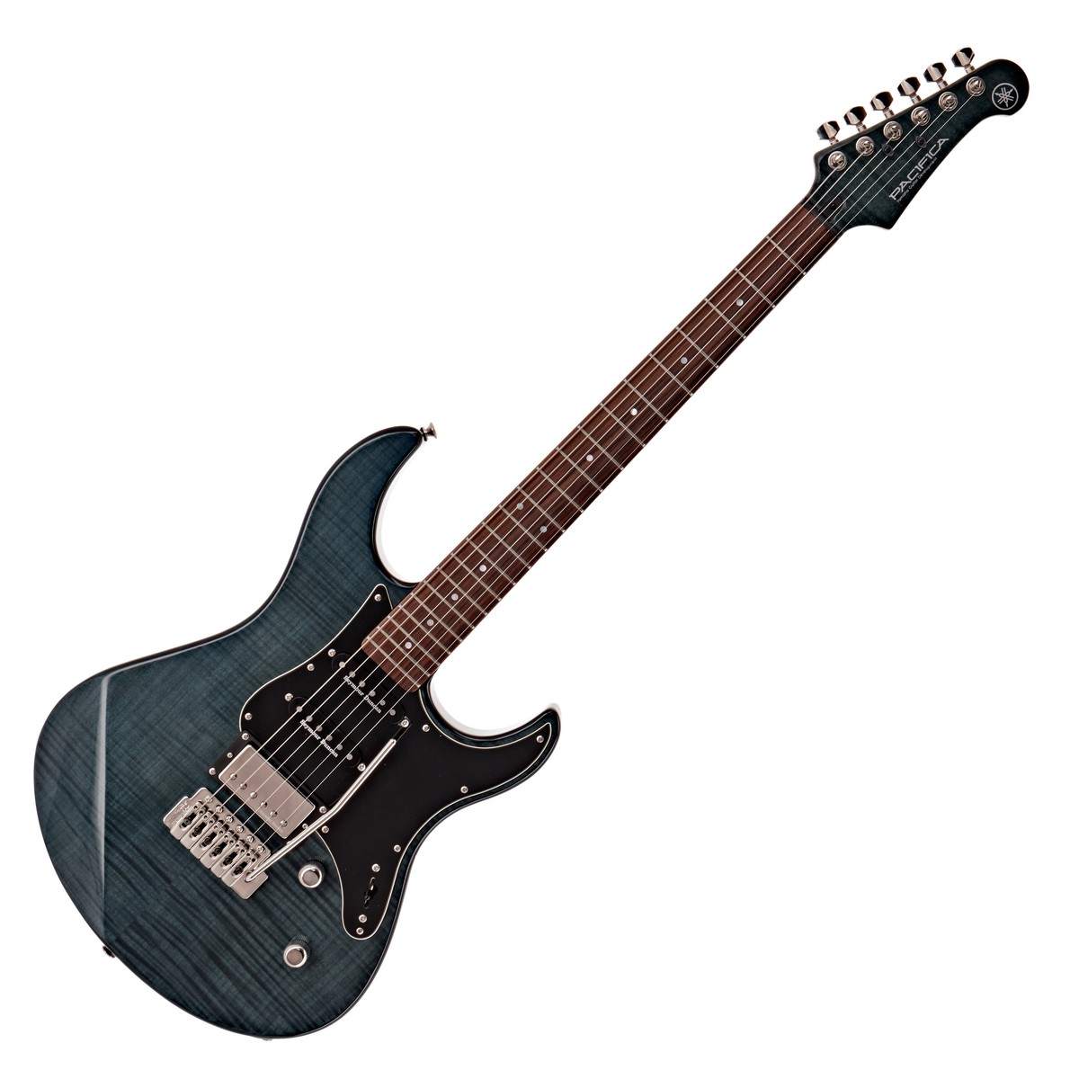 En bild på Yamaha Pacifica 612V FM Indigo Blue | Denna moderna åteutgivna version av av den ursrpungliga Pacifica har ett par Seymour Duncan single coil-mickar en Custom-5 Humbucker och ett Wilkinson Vintage-svajstall. Yamaha Pacifica 612V FMS-kroppen är tillverkade av lätt al för en balanserad ton med bra dynamik. Gitarren har en flammig lönntopp för att åka alträts tonomfång och förbättra diskant- och basregistrets sound och för attt erbjuda en fantastisk estetik. Pacifica 612V FM har en slät smidig lönnhals som erbjuder tajta glittrande toner och gör det  snabbt att  röra handen längs greppbrädan. Greppbrädan är gjord av rosenträ för en varm söt och välartikulerad ton. Gitarren har single coil SSL-1s och en custom 5 humbucker Seymour Duncan mickarna producerar en full ton som erbjuder fantastiskt mångsidighet. Pacifica 612V FM har en snygg Indigo-blå finish med ett svart plektrumskydd för ett klassiskt rock-utseende.