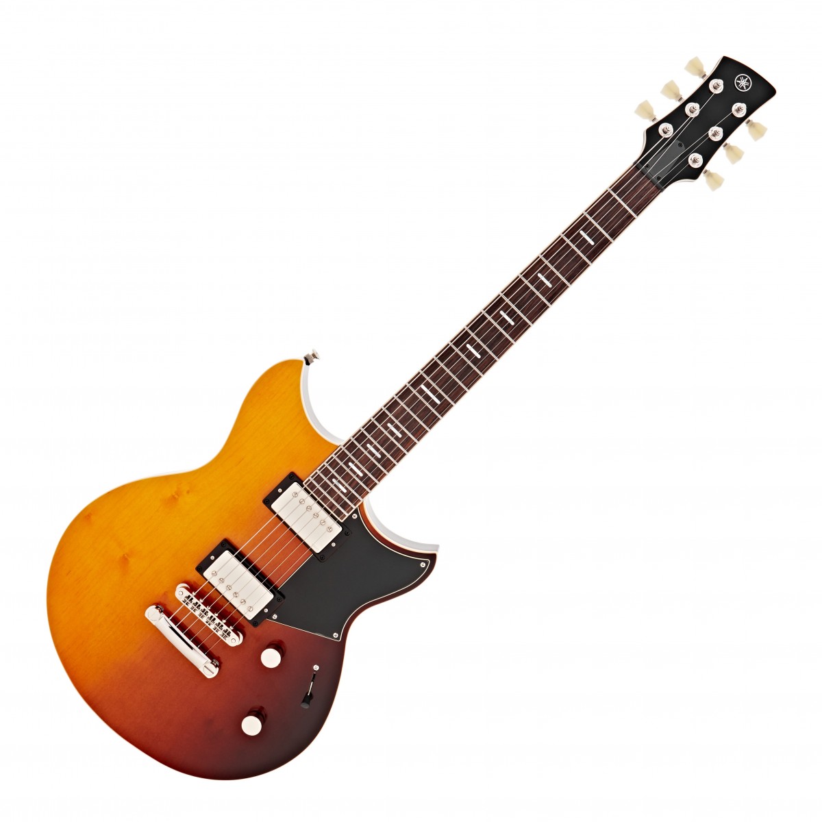 En bild på Yamaha Revstar Standard RSS20 Sunset Burst | Yamaha Revstar Standard RSS20 är den senaste modellen från Yamaha i deras nya Revstar serie. Årtionden av innovation och teknisk utveckling har bidragit till en gitarr som passar en rad spelförmågor och stilar. Med kraftfulla dubbla humbucker och en 5-vägs spakkontakt på kroppen kommer du att kunna utöva maximal tonkontroll så att du kan vara hur kreativ som helst med ditt ljud.   Designen på denna gitarr skapar en tidlös visuell estetik som både kan smälta in och sticka ut i perfekt harmoni. Det är en look som kombinerar stilrenhet med lite gammaldags rock n roll. Du kan enkelt glida över greppbrädan i rosenträ tack vare de rullade stålbanden och sidenmatta finish. Gitarrens kropp är tillverkad med omsorg och byggd med en topp i lönn och en kammarkropp i mahogny vilket ger en rik tonprofil som kommer att belöna dig och hjälpa dig utvecklas under årens gång.