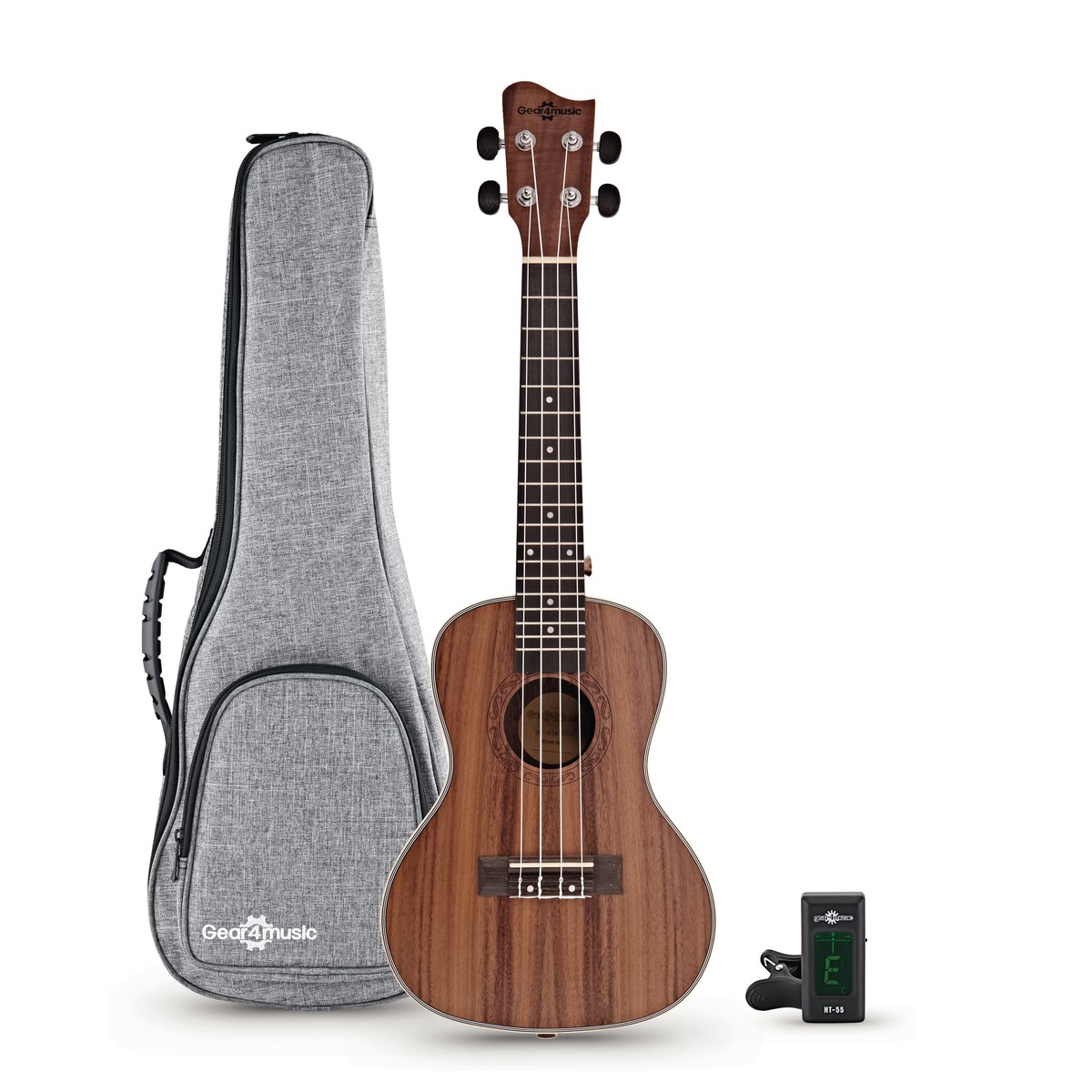 En bild på Koa Concert-ukulelepaket från Gear4music | En musikalisk portal. Musik som transporterar dig till sandstränderna på Hawaii. Koa concert-ukulelen från Gear4music är allt du behöver för en musikalisk resa till ett soligt och avslappnat land. Denna ukulele har ett lock och en kropp tillverkad av det traditionella hawaiiska träet Koa som är känt för sin klara och autentiska ton. Koa-concertukulelens storlek är perfekt för både nybörjare och de som vill förbättra sina färdigheter. Vem som helst kan spela. Ukulelen är ett väl lämpat instrument för dig som vill snabbt komma in i musikens spännande värld. Skapa magiska låtar med endast tre ackord. Aquila Nylgut-strängarna erbjuder ett bekvämt underlag för dina fingrar utan att påverka det skarpa och klara ljudet du önskar skapa med din ukulele. Dyk in i en vacker ljudlig värld. Kliv upp på scenen. Med den medföljande premium-väskan och den kromatiska stämapparat som passar bra på huvudet är du redo att uppträda var som helst. Dela din musik utan att instrumentets intonation skulle påverkas. När du är klar med ditt uppträdande packa Koa concert-ukulelen säkert in i premium-väskan och gå vidare till nästa spelning. Börja din resa i ukulelens spännande värld
