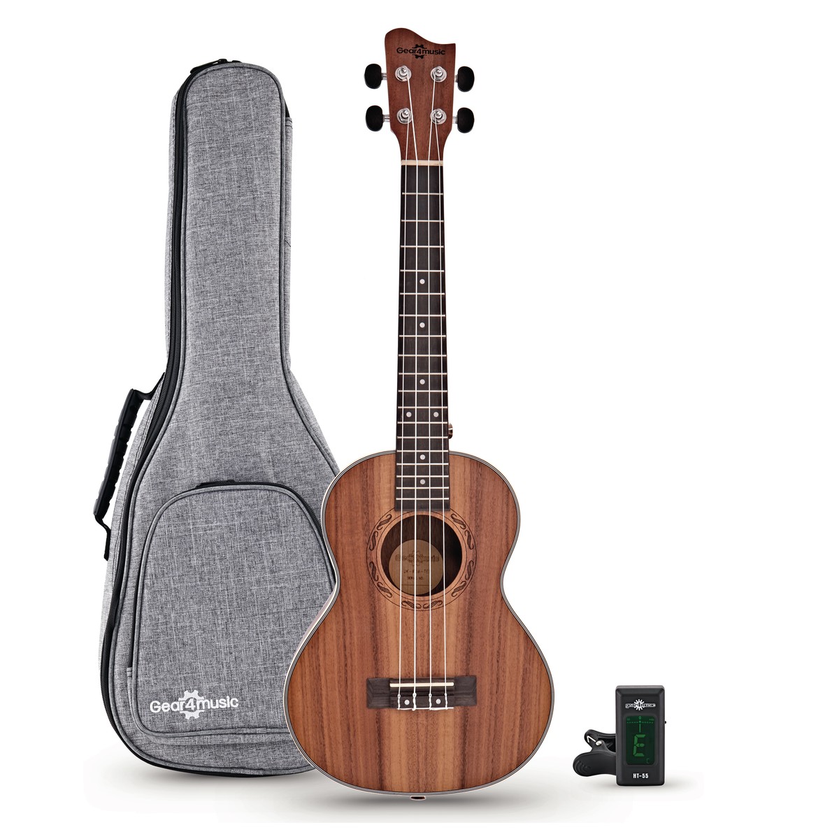 En bild på Koa Tenorukulele från Gear4music Paket | En musikalisk portal. Musik som transporterar dig till sandstränderna på Hawaii. Koa-tenorukulelen från Gear4music är allt du behöver för en musikalisk resa till ett soligt och avslappnat land. Denna ukulele har ett lock och enkropp tillverkad av det traditionella hawaiiska träet Koa som är känt för sin klara och autentiska ton. Koa-ukulelen är perfekt för både nybörjare och de som vill förbättra sina färdigheter. Vem som helst kan spela. Ukulelen är ett väl lämpat instrument för dig som vill snabbt komma in i musikens spännande värld. Skapa magiska låtar med endast tre ackord. Aquila Nylgut-strängarna erbjuder ett bekvämt underlag för dina fingrar utan att påverka det skarpa och klara ljudet du önskar skapa med din ukulele. Dyk in i en vacker ljudlig värld. Kliv upp på scenen. Med den medföljande premium-väskan och den kromatiska stämapparat som passar bra på huvudet är du redo att uppträda var som helst. Dela din musik utan att instrumentets intonation skulle påverkas. När du är klar med ditt uppträdande packa Koa Tenorukulelen säkert in i premium-väskan och gå vidare till nästa spelning. Börja din resa i ukulelens spännande värld