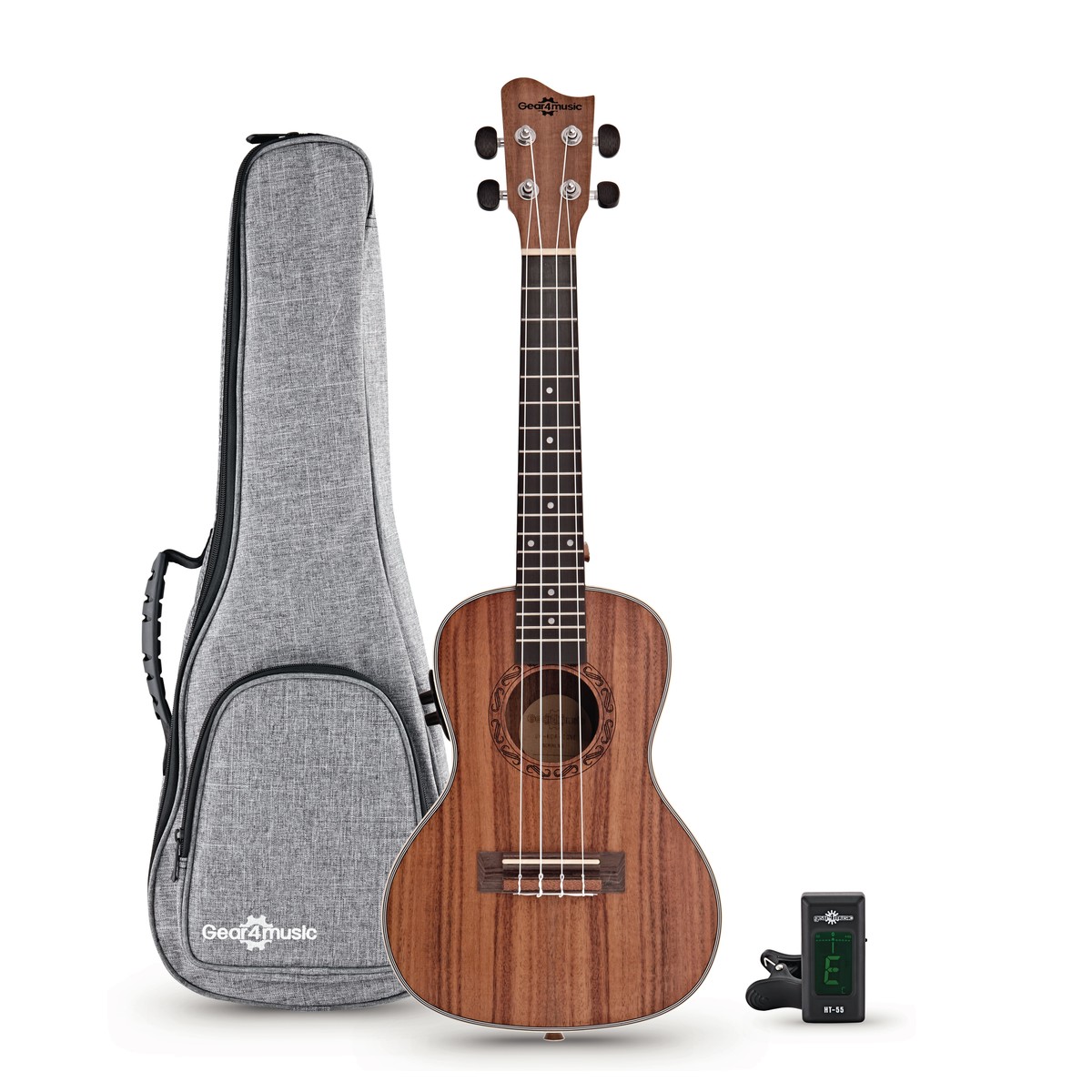 En bild på Koa Semiakustisk Concert-ukulele från Gear4music Paket | Kul och glad. Börja din musikaliska resa med klassisk ukulele-charm. Koa Semiakustiska concert-ukulelepaketet från Gear4music är perfekt för att utforska ukelelens spännande värld. Det fängslande instrumentets karaktär bekväma behagliga spelkänsla och överkomliga priser gör instrumentet helt perfekt för nybörjare. Om du däremot är på mellannivå och vill ha ett prisvärt instrument med en traditionell ton så har du funnit svaret på dina önskningar.Traditionell autentisk omedelbart igenkännbar. Tre egenskaper som verkligen beskriver concert-ukulelen. Och tack vare instrumentets koa-konstruktion erbjuder den semiakustiska concert-ukulelen ett skarpt livligt härligt ljud med välkända Hawaiianska särdrag och utmärkande djup. Kolla in den traditionella ukulele-charmen och dess förtrollande mjuka värme - samtidigt. Concert-ukulelen är perfekt för nybörjare eller för din småtting. Ukulelen har en smidig och bekväm känsla med Aquila Nylgut-strängar. Och om du ser dig själv i rampljuset är den semiakustiska ukulelen också perfekt för att finslipa dina färdigheter då du uppträder på scenen...Kliv upp på scenen. Med den medföljande premium-väskan och den kromatiska stämapparaten som passar bra på huvudet är du redo att uppträda var som helst. Dela din musik utan att instrumentets intonation skulle påverkas. När du är klar med ditt uppträdande packa Koa concert-ukulelen säkert in i premium-väskan och gå vidare till nästa spelning. Börja din resa i ukulelens spännande värld