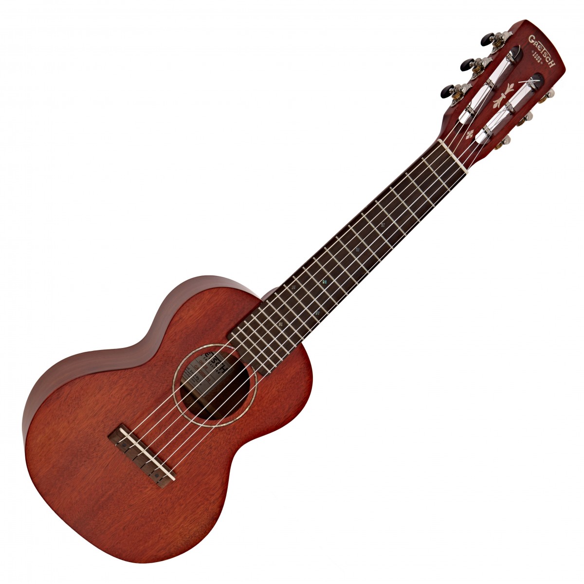 En bild på Gretsch G9126 Gitarr-Ukulele med Väska Naturlig | Gretsch G9126 gitarr-ukulele är en magnifik hybrid som kombinerar ukulelens kompakta natur med den utökade skalan och 6 strängar på en gitarr. Den är perfekt för yngre spelare och de som letar efter en ukulele med mer potential. Eller om du är en gitarrist som vill utforska möjligheten av en ukulele kan det här vara något för dig.   En solid mahognytopp och laminerad mahognybaksida och sarg resonerar med värme och rikedom och ger en sublim ton från denna gitarr/ukulele hybrid. Du kommer att få massor av gnistrande klockspel samt läckert djup. Och tack vare den medium "C"-formade halsen och den silkeslena ovangkol greppbrädan kommer du också att kunna njuta av en enkel bekväm spelbarhet.