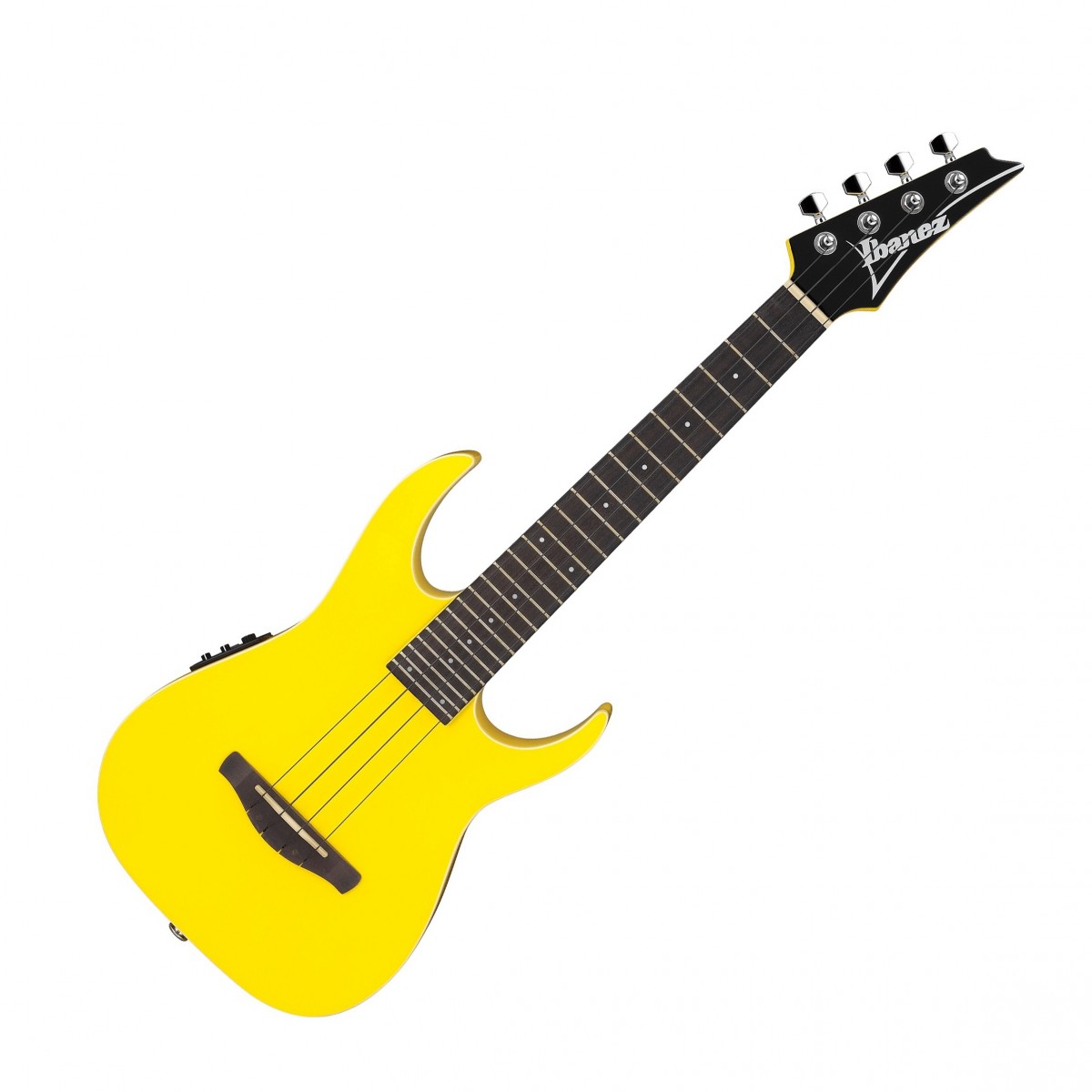 En bild på Ibanez URGT100 Ukulele Sun Yellow High Gloss | Ibanez URGT100 ukulele är unik i sitt slag. Denna skönhet är en fantastisk korsning mellan en ukulele och en klassisk Ibanez RG. Den har till och med 24 band - något som är mycket sällsynt på dessa instrument. Ryggen och sidorna i Okoume hjälper till att generera en saligt varm ton medan toppen av gran ger gott om slagkraftighet och projektion.   På halsen hittar du perfekt spelbarhet i överflöd oavsett vilken position du spelar i. Den dubbla cutaway-formen gör att du kan nå de övre banden med total lätthet medan C-profilen naturligt passar i din hand. Och det finns en förstklassig Ibanez AEQ-2UT förförstärkare installerad som låter dig ansluta till en förstärkare och blåsa upp din volym till monstruösa nivåer. Den innehåller också en praktisk stämapparat för att hålla varje sträng i schack. Du kommer att skapa fantastiska melodier på nolltid.