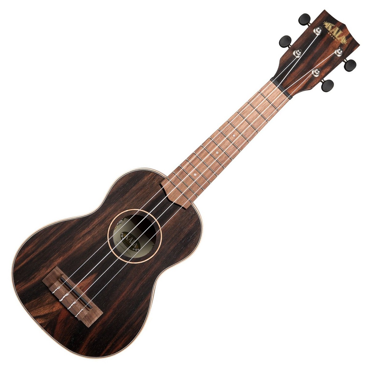 En bild på Kala KA-EBY-S Striped Ebony Soprano Ukulele Natural Satin | Kala KA-EBY-S Striped Ebenholts Soprano Ukulele avger en ton lika fantastisk som den är för ögat. Den striped Ebenholts avger en djup fyllig ton som ger ett överflöd av klarhet samtidigt som den helt projicerar varje essens av ukulelens naturliga ljud. Sopranstorleken ger otrolig klarhet och enkel prestanda. Detta resulterar i ett ljud som är mångsidigt och väl avrundat. Spelbarheten är maximerad tack vare en silkeslen mahognyhals och en fläckfri greppbräda i walnut som gör att du kan spela till toppen av dina förmågor.