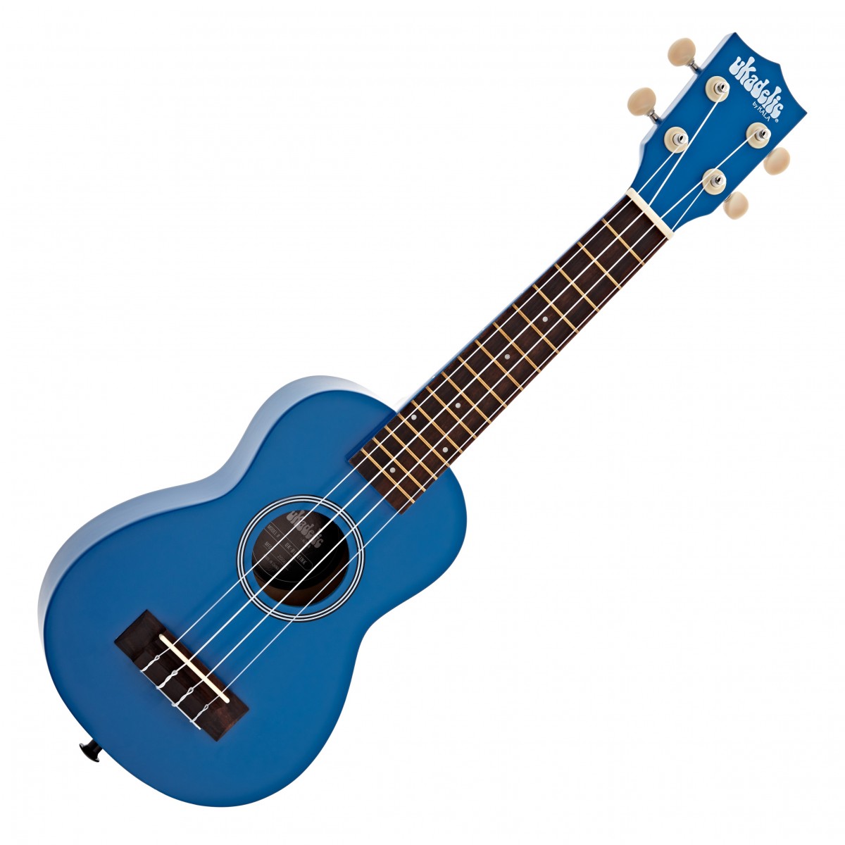 En bild på Kala Ukadelic Soprano Ukulele Ink Blue | Blue Ink Ukadelic Soprano Ukulele från Kala är perfekt för nybörjare och avslappnade spelare som letar efter ett roligt bärbart instrument. Dess livfulla blå finish sticker ut och gör den till ett iögonfallande instrument. Denna ukulele är byggd med poppelträ för både topp och baksida vilket garanterar hållbarhet och ett konsekvent ljud.  Greppbrädan i rosenträ och Aquila Super Nylgut-strängarna förbättrar spelbarheten och ljudkvaliteten vilket gör den till ett nöje att spela på. Sopranstorleken är idealisk för enkel hantering och transport vilket gör den perfekt för musiksessioner på resande fot.