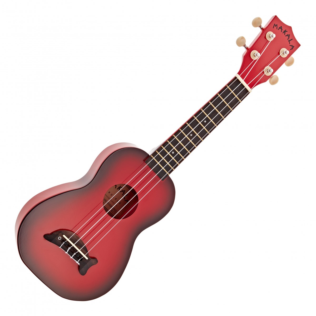 En bild på Kala Makala Dolphin Soprano Ukulele Red Burst | Red Burst Soprano Dolphin Ukulele är perfekt för nybörjare som söker ett livfullt och roligt instrument. Den glansiga red burst -finishen ger en färgklick och gör den till ett iögonfallande val. Mahognytoppen ger en varm fyllig ton medan greppbrädan i rosenträ garanterar smidig spelbarhet. Utrustad med Aquila Super Nylgut-strängar ger denna ukulele överlägsen ljudkvalitet. Sopranstorleken gör den lätt att hantera och idealisk för musikskapande på resande fot.