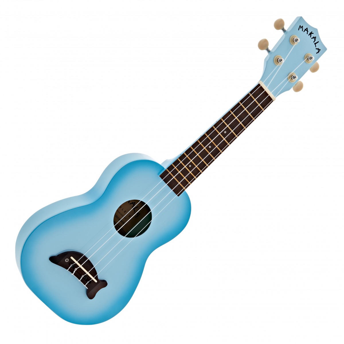 En bild på Kala Makala Dolphin Soprano Ukulele Light Blue Burst | Light Blue Burst Soprano Dolphin Ukulele är perfekt för nybörjare som söker ett livfullt och roligt instrument. Den glansiga blue burst -finishen ger en färgklick och gör den till ett iögonfallande val. Mahognytoppen ger en varm fyllig ton medan greppbrädan i rosewood garanterar smidig spelbarhet. Utrustad med Aquila Super Nylgut-strängar ger denna ukulele överlägsen ljudkvalitet. Sopranstorleken gör den lätt att hantera och idealisk för musikskapande på resande fot.