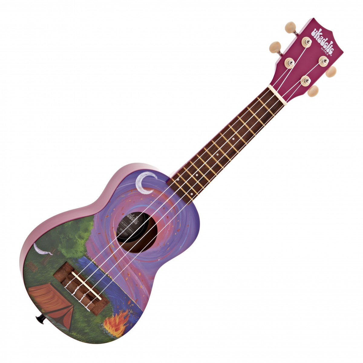 En bild på Kala Ukadelic Soprano Ukulele Happy Camper/Purple | Happy Camper Ukadelic Soprano Ukulele från Kala är perfekt för nybörjare och avslappnade spelare som letar efter ett roligt bärbart instrument. Dess livfulla lila finish med lägereldsscen sticker ut och gör den till ett iögonfallande instrument. Denna ukulele är byggd med poppelträ för både topp och baksida vilket garanterar hållbarhet och ett konsekvent ljud.  Greppbrädan i rosenträ och Aquila Super Nylgut-strängarna förbättrar spelbarheten och ljudkvaliteten vilket gör den till ett nöje att spela på. Sopranstorleken är idealisk för enkel hantering och transport vilket gör den perfekt för musiksessioner på resande fot.