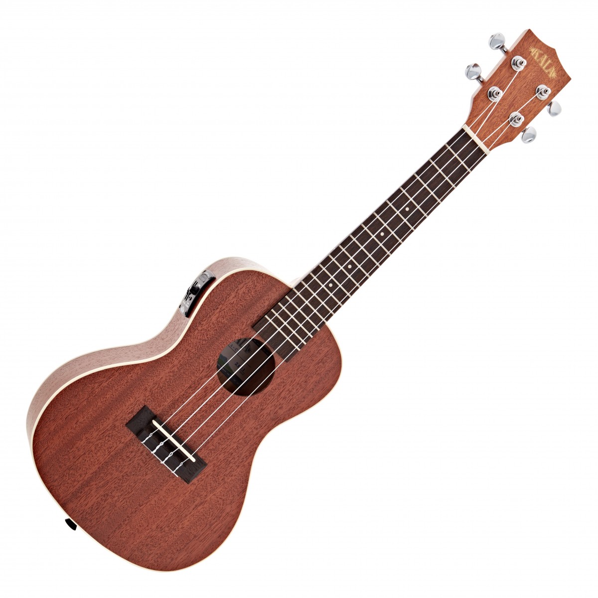 En bild på Kala KA-CE Mahogany Electro-Acoustic Concert Ukulele Satin | Kala KA-CE Mahogany Electro Concert Ukulele är ett visuellt fantastiskt lättspelat instrument. Den här elektroakustiska ukulelen är tillverkad av mahogny i en traditionell åttondelsform och är idealisk för avancerade spelare med olika uppgraderingar för att ge en exceptionell spelupplevelse. Den här ukulelen ingår i Kala:s flaggskeppskollektion Sidenmatt Mahogany och har en Sidenmattfinish som ger en mjuk och behaglig känsla upp och ner längs halsen.  Med en kropp helt i mahogny greppbräda i rosewood Aquila Super Nylgut-strängar och en Graph Tech NuBone-Sadel och -sadel erbjuder denna ukulele förstklassig tonalitet komfort och sustain. Den inbyggda Shadow P3-pickupen och den egenutvecklade 300TR-förförstärkaren gör att du kan ansluta direkt till en förstärkare eller PA - förförstärkaren har också användbara tillägg som en kromatisk tuner basreglage diskantreglage och volymknapp - vilket ger dig full kontroll över ditt förstärkta ljud.