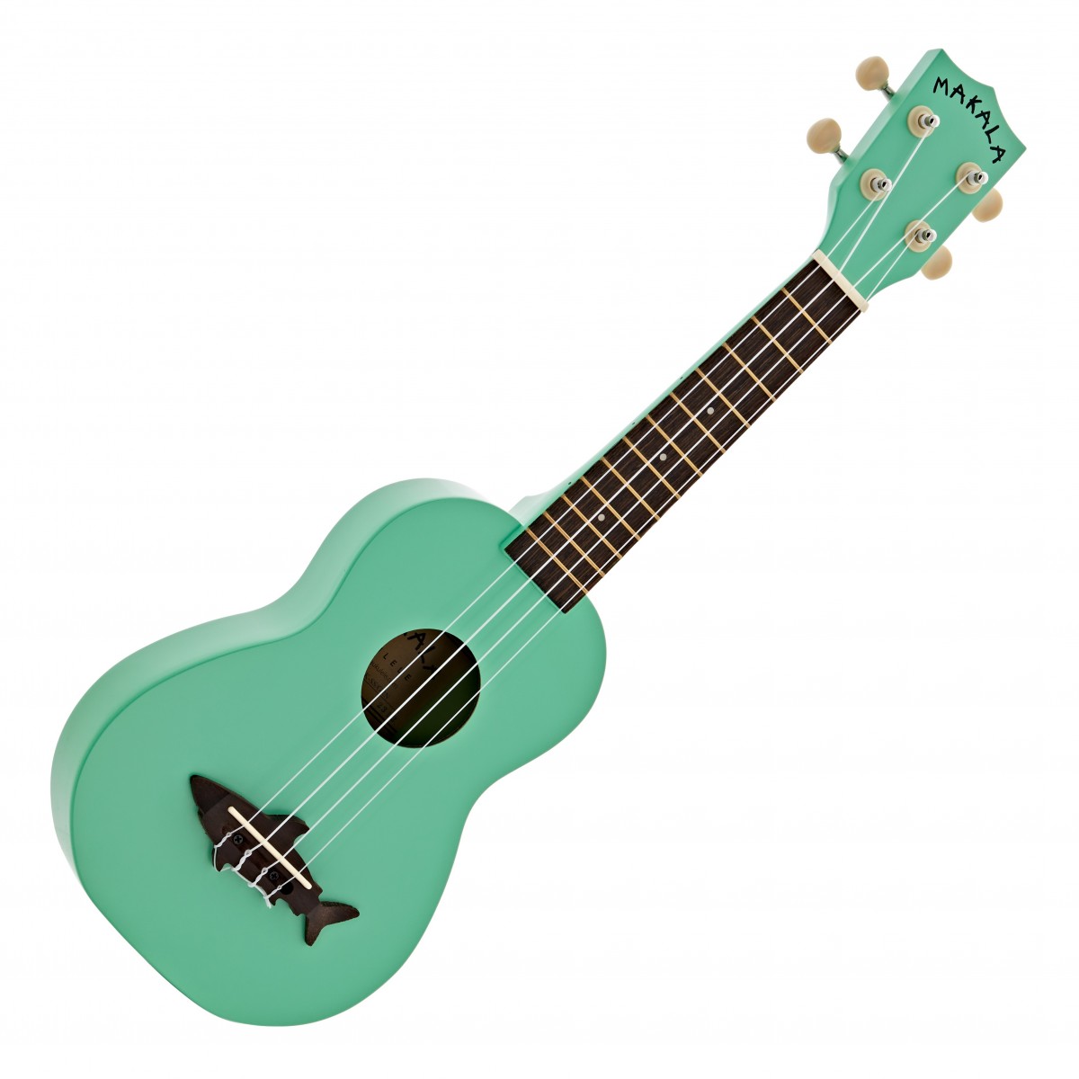 En bild på Kala Makala Shark Soprano Ukulele Surf Green | Surf Green Soprano Shark Ukulele är perfekt för nybörjare som söker ett snyggt och roligt instrument. Den glansiga surf green -finishen ger en elegant touch som gör den visuellt tilltalande. Mahognytoppen ger en varm fyllig ton medan greppbrädan i rosewood garanterar smidig spelbarhet. Utrustad med Aquila Super Nylgut-strängar erbjuder denna ukulele överlägsen ljudkvalitet. Sopranstorleken gör den lätt att hantera och idealisk för musikskapande på resande fot.