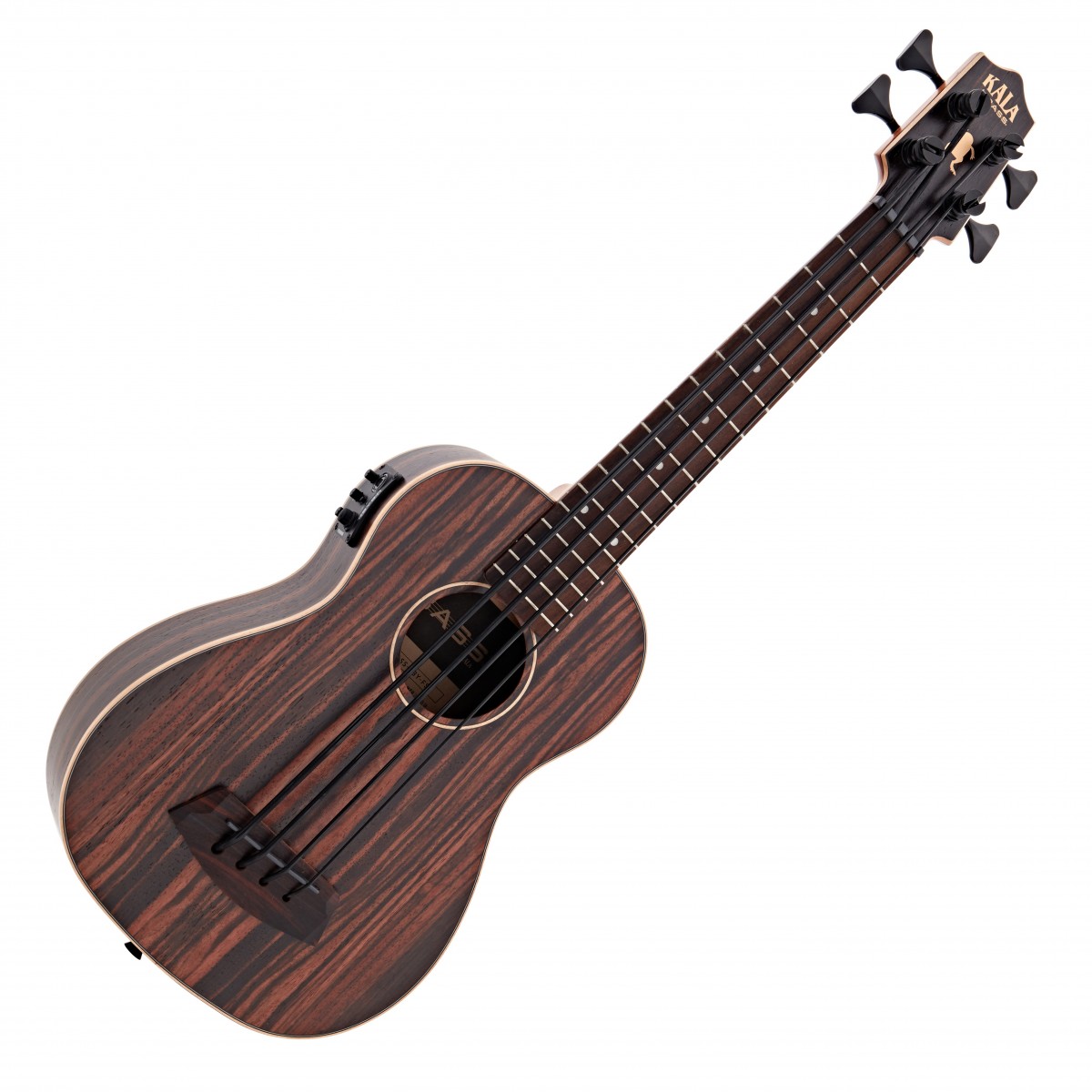 En bild på Kala Fretted U-Bass Electro-Acoustic Ukulele Striped Ebony | KalaStriped Ebenholts bandade Electro-Acoustic U-BASS är idealisk för musiker som söker en unik portabel bas med rika klangliga egenskaper. Kroppen med hög densitet striped Ebenholts kroppen ger djupa resonanta toner medan Sidenmattfinishen möjliggör ett mjukt uttrycksfullt spel.  Denna U-BASS är utrustad med Fishman elektronik och ger ett utmärkt ljud när den förstärks perfekt för både live framträdanden och studioinspelningar. Den ljusa lönnbindningen skapar en fantastisk kontrast mot den mörka Ebenholts vilket gör denna bas lika visuellt slående som den är ljudmässigt imponerande. Den kompakt storleken gör den lätt att transportera vilket gör den till ett mångsidigt tillskott i varje basists samling.