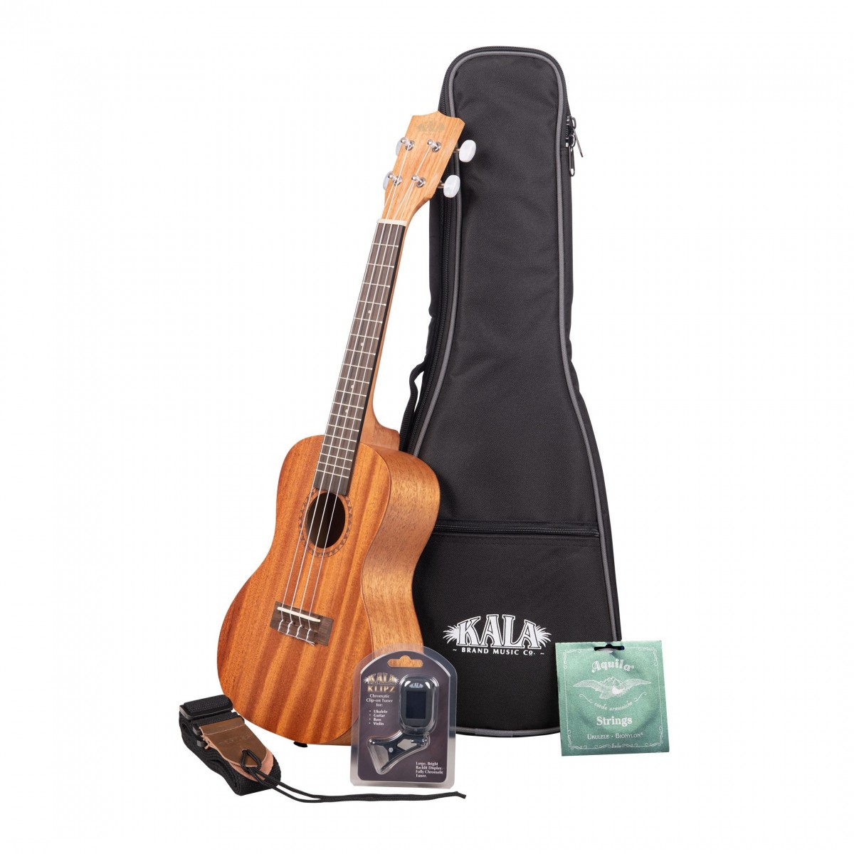 En bild på Kala KA-15C Mahogany Concert Ukulele Starter Pack | Kalas Concert Ukulele Starter Pack är perfekt för spelare som söker en allt-i-ett-lösning för att komma igång med sitt spelande. Paketet är centrerat kring Mahogany Concert Ukulele från Kala som ger ett snyggt traditionellt utseende medan kroppen helt i mahogny ger varma fylliga toner. Den förstklassiga greppbrädan i rosewood ger en smidig spelbarhet och Aquila Super Nylgut-strängarna ger en överlägsen ljudkvalitet.  Den medföljande väskaen erbjuder en säker plats för din ukulele att förvaras eller transporteras med en praktisk framficka för dina tillbehör och handtag för att bära. Kala Klipz-stämapparaten fästs på ukulelens huvud och har en lättavläst display som ser till att du alltid är rätt stämd. Den medföljande remmen gör att du kan spela mer bekvämt och reservsträngarna hjälper dig när din första uppsättning är utsliten.