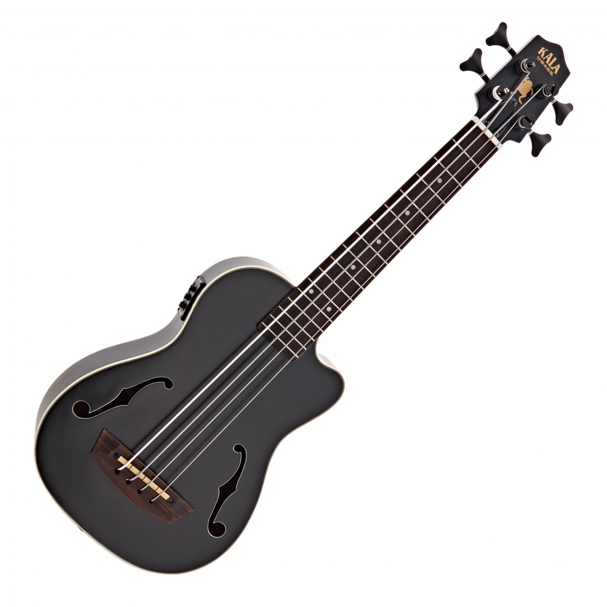 En bild på Kala U-Bass Journeyman Electro-Acoustic Ukulele Matte Black | Kala U-BASS Journeyman Elektroakustisk ukelele i Matte Black är perfekt för avancerade musiker som letar efter en välkonstruerad bas som ger exceptionellt ljud och bärbarhet. Den är konstruerad med en högkvalitativ mahognykropp och producerar djupa varma bastoner som är perfekta för alla spelmiljöer. Designen cutaway ger enkel åtkomst till de övre banden vilket gör den mångsidig för olika spelstilar.  Utrustad med en piezo-pickup erbjuder Journeyman enastående förstärkt ljudkvalitet och den snygga matte black -finishen med F-hål ger en unik sofistikerad look. Komplett med en vadderad väska är Journeyman redo att följa med dig på din musikaliska resa.