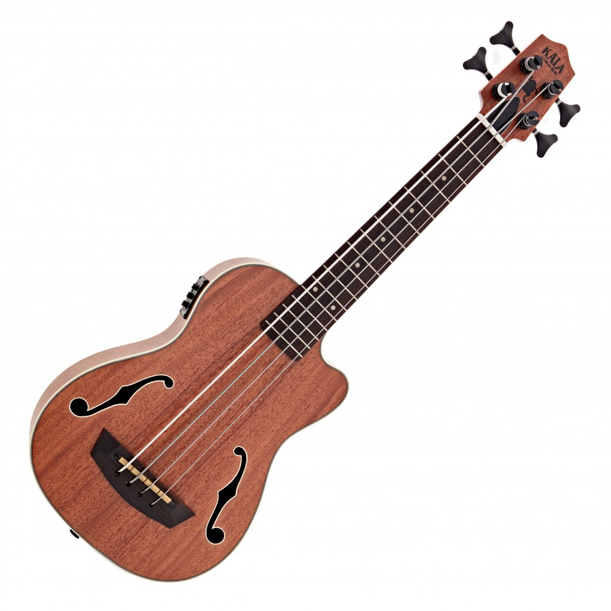 En bild på Kala U-Bass Journeyman Electro-Acoustic Ukulele Natural | Kala U-BASS Journeyman Elektroakustisk ukulele är perfekt för avancerade musiker som letar efter en välkonstruerad bas som ger exceptionellt ljud och bärbarhet. Den är konstruerad med en högkvalitativ mahognykropp och producerar djupa varma bastoner som är perfekta för alla typer av framträdanden. Designen cutaway ger enkel åtkomst till de övre banden vilket gör den mångsidig för olika spelstilar.  Utrustad med en piezo-pickup erbjuder Journeyman enastående förstärkt ljudkvalitet och den snygga Sidenmattfinishen med F-hål ger en unik sofistikerad look. Komplett med en vadderad väska är Journeyman redo att följa med dig på din musikaliska resa.