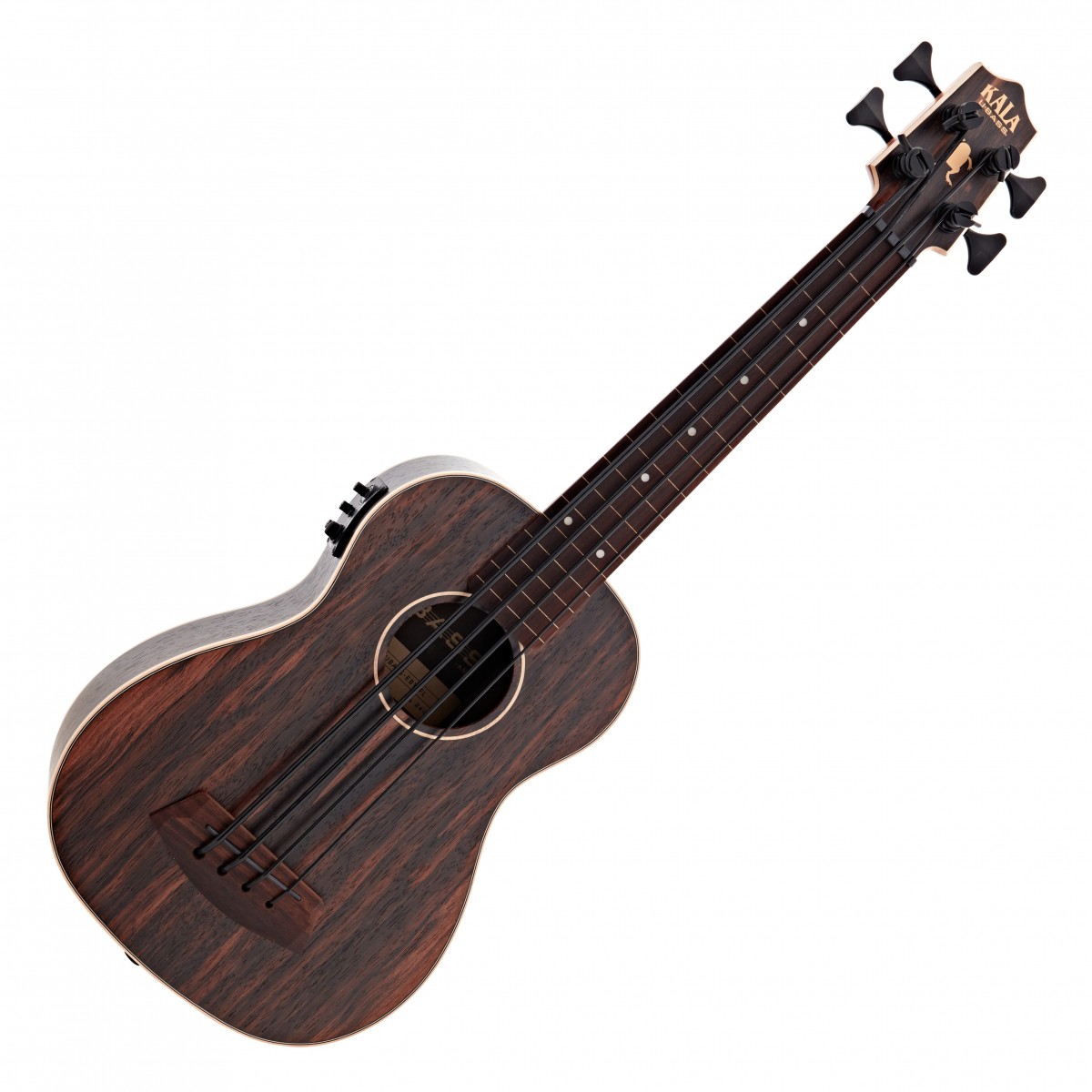 En bild på Kala Fretless U-Bass Electro-Acoustic Ukulele Striped Ebony | KalaStriped Ebenholts Fretless Electro-Acoustic U-BASS är idealisk för musiker som söker en unik portabel bas med rika klangliga egenskaper. Kroppen med hög densitet striped Ebenholts kroppen ger djupa resonanta toner medan den fretlösa designen möjliggör ett mjukt uttrycksfullt spel.  Denna U-BASS är utrustad med Fishman elektronik och ger ett utmärkt ljud när den förstärks perfekt för både live framträdanden och studioinspelningar. Den ljusa lönnbindningen skapar en fantastisk kontrast mot den mörka Ebenholts vilket gör denna bas lika visuellt slående som den är ljudmässigt imponerande. Den kompakt storleken gör den lätt att transportera vilket gör den till ett mångsidigt tillskott i varje basists samling.