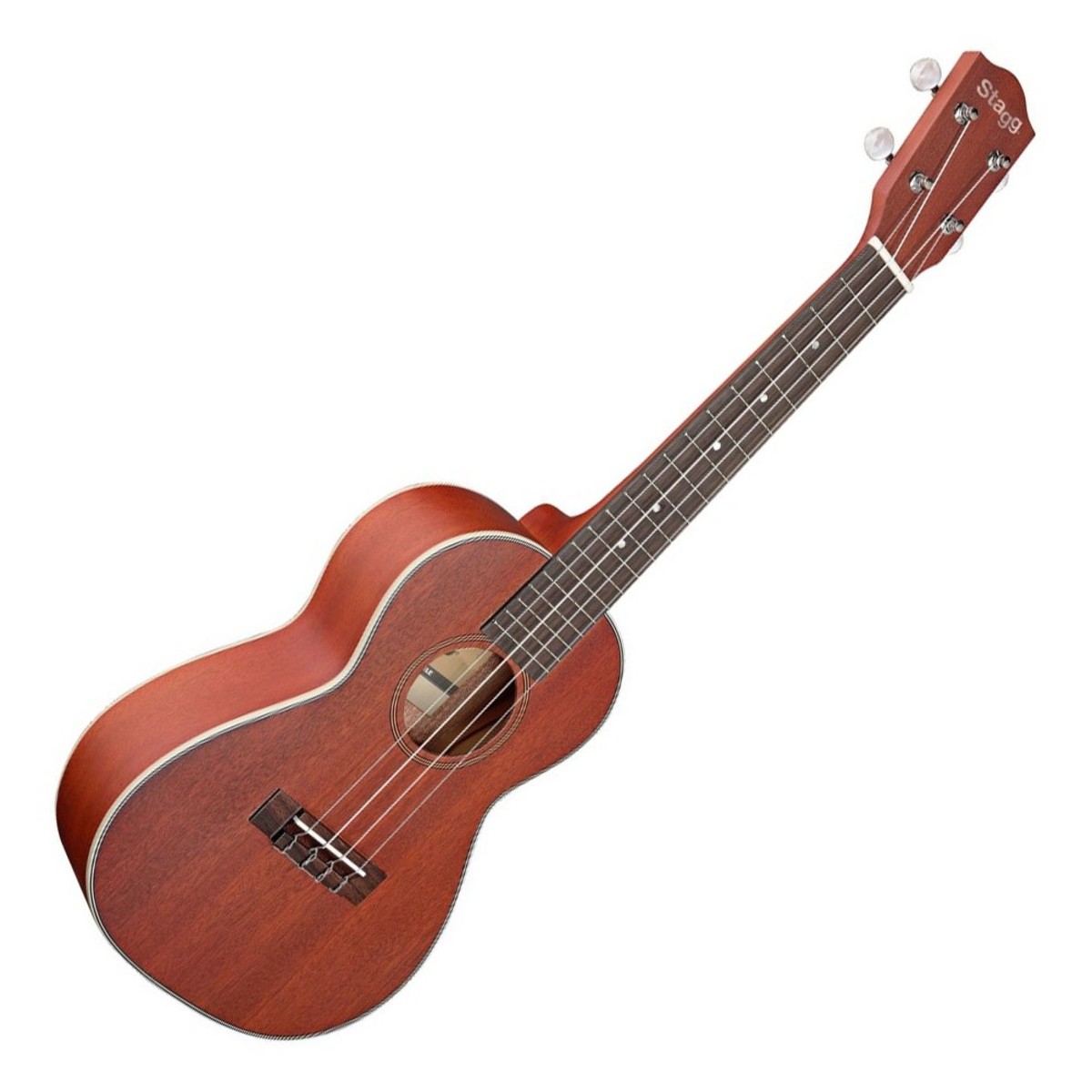 En bild på Stagg Concert Ukulele Solid Mahogany | Stagg Concert Ukulele skickar vågor av fullt rikt ljud som strömmar från dess strängar. Denna konsertdiamant är större än den klassiska sopranen och är idealisk för spelare som önskar en större yta att stöta på. Dess silkeslena spelbarhet lovar en oklanderlig prestanda varje gång oavsett om du är en erfaren musiker eller bara börjar på din väg till uke stjärntecken. Kroppen och halsen är gjorda helt av mahogny och vet en eller två saker om bländande ton. Denna magnifika tonwood är en showstopper i den akustiska världen och producerar häpnadsväckande resonans och värme med varje chord. Sådana ljuddjup passar perfekt med konsertstorleken vilket ger dig en full ton som behåller sublim artikulation som en vecka borde vara.