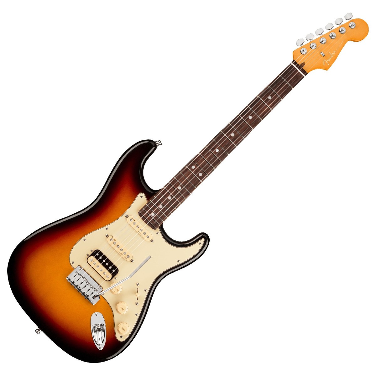 En bild på Fender American Ultra Stratocaster HSS RW Ultraburst | Din väg till ultrahög prestanda. Fender American Ultra Stratocaster HSS RW är nästa steg i Fenders moderna design. Det är deras mest avancerade serie gitarrer hittills. Och det visar i alla delar av ljud känsla och prestanda... Utrustad med en blandning av Ultra Noiseless enkelspoliga och humbucking pickuper producerar Ultra-serie Strat all den ikoniska vintage-tonen du önskar med högsta tydlighet och ännu mer mångsidighet. En modern D-formad lönnhals säkerställer att du bekvämt kan utföra varje riff utan att något håller dig tillbaka. Och med en elegant yttre palissander kan spelare verkligen ta sig an Strats oklanderliga soniska utbud. Toppad med en tremolo-stall för att verkligen fria ditt ljud inkluderar Ultra Strat allt som gav Fender deras monumentala rykte. Men den här gången är den utrustad för den moderna eran.