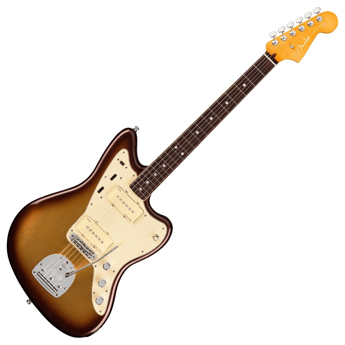 En bild på Fender American Ultra Jazzmaster RW Mocha Burst | Exakt prestanda solidt ljud. En annan legende föds. Fender American Ultra Jazzmaster är här och det är en vintage-inspirerad elektrisk med en avancerad attityd. Detta är Fenders mirakel Jazzmaster för de som kräver ikonisk Fender-ton känsla och stil med en elitnatur. Den har en klassisk offset-kropp som visar en fantastisk flexibilitet mellan otaliga genrer samt en utmärkt ergonomisk känsla och en vackert rik röst. Detta är legendarisk design med obegränsad potential...   Jazzmaster har ett världsberömt rykte och är hyllat som en av de mest mångsidiga elinstrument känt för Fender historia. Fenders mest avancerade serie - American Ultra. Spela med en omedelbart igenkännbar soniskt kraftfull vintage enkelspoleton. Säg adjö till oönskat brum och hej till Fender Ultra Noiseless Vintage pickuper med 3-vägs växling. Det finns oändliga mängder av mångsidighet vilket gör den American Ultra Jazzmaster perfekt för sonisk experiment. Det är dags att spela som en legend och spela med precision. Det här är ton stil och spelbarhet som kommer att hålla dig i decennier framöver.