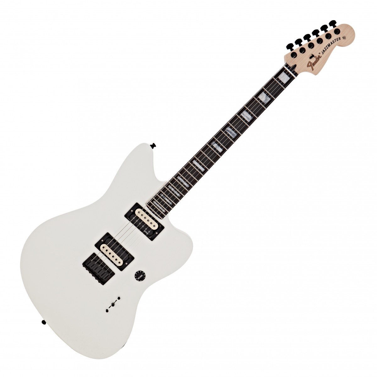 En bild på Fender Jim Root Jazzmaster EB White | Ljudliga demoner vakna - i blixtsnabb takt! Fender Jim Root Jazzmaster EB föddes för att väcka uppmärksamhet. Denna gitarr förkroppsligar Jim Root som gitarrist och modellen har utformats i nära samarbete med legenden själv. Och den ger självklart Jim Roots kraftiga hardcore ton. Jim är känd för sina dagar i Stone Sour och nuvarande medlem i Slipknot och han har verkligen drivit gränserna för musik. Och nu är detta din chans att göra precis samma sak!.   Med en kropp med ett mahogniblock sjuder Jim Root Jazzmaster förkrossande tajt bas och ett dundrande mellanregister. Samtidigt ger Signature Jim Root Daemonum open coil humbucker-mickarna en djävulslik ton som bryter fram med en rent jordskälvande karaktär. Så gitarren ger alla den dundrande skärpa du behöver när det gäller toner. Det här är ett ljud som kommer att sticka ut ur mängden och inta sin plats i rampljuset i varje live mix. Tack vare Fenders första retroaktiva pickup-design kommer du därmed garanterat att få gitarren att höras! Ljudligt är Jazzmasterns ton omedelbart igenkänd - med samma schyssta ljud som alla Slipknot-fans kommer att ha hört på bandets senaste album "We Are Not Your Kind". Om du är redo att bli en verklig shred master är denna Jim Root Jazzmaster här för att ta dig över till den mörka sidan - Den mörka fursten bland gitarrer har anlänt med ofärd och fördärv att bjuda på!