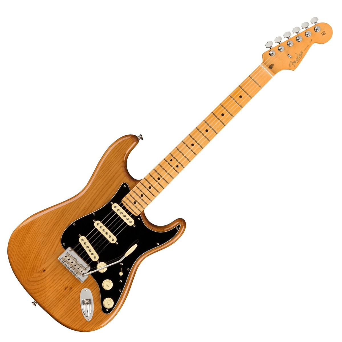 En bild på Fender American Pro II Stratocaster MN Roasted Pine | Ikonisk. Det finns helt enkelt inget annat sätt att beskriva Stratocastern. Den har gett nytt liv till musiken under flera decennier. Och det har blivit ett riktigt kraftverk för en mängd olika stilar. Alla kommer ju till Stratocaster eller hur? Så denna Fender American Pro II Stratocaster är här endast p.g.a. av en enda orsak. För att fortsätta arvet. Men den direkt igenkännliga Fender-stilen som får varje uppträdande och prestation att blomstra.   Sipprar ut klassisk karisma. Detta är en noggrant utformad Stratocaster. Fender har gjort allt för att säkerställa precision genomgående. Från V-Mod II-pickuperna till den populära djupa C -formade halsprofilen har Fender finjusterat varje detalj för att garantera ren prestanda och tidlös Fender-charm. Elegant beroendeframkallande spelbarhet som Stratocasters är kända för: din personliga spelstil får nytt liv Tack vare det nya two point synkroniserade svajstallet. Det är dags att måla fram din kreativitet på en tidsdefinierande palett - Stratocastern