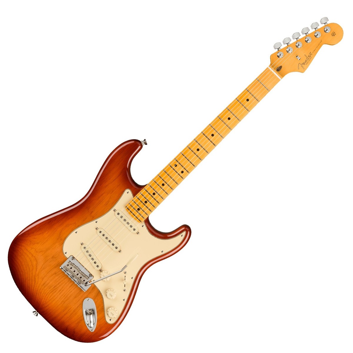 En bild på Fender American Pro II Stratocaster MN Sienna Sunburst | Ikonisk. Det finns helt enkelt inget annat sätt att beskriva Stratocastern. Den har gett nytt liv till musiken under flera decennier. Och det har blivit ett riktigt kraftverk för en mängd olika stilar. Alla kommer ju till Stratocaster eller hur? Så denna Fender American Pro II Stratocaster är här endast p.g.a. av en enda orsak. För att fortsätta arvet. Men den direkt igenkännliga Fender-stilen som får varje uppträdande och prestation att blomstra.   Sipprar ut klassisk karisma. Detta är en noggrant utformad Stratocaster. Fender har gjort allt för att skerställa precision genomgående. Från V-Mod II pickuperna till den populära djupa C-formade halsprofilen har Fender finjusterat varje detalj för att garantera ren prestanda och tidlös Fender-charm. Elegant beroendeframkallande spelbarhet som Stratocasters är kända för: din personliga spelstil får nytt liv Tack vare det nya two point synkroniserade svajstallet. Det är dags att måla fram din kreativitet på en tidsdefinierande palett - Stratocastern.