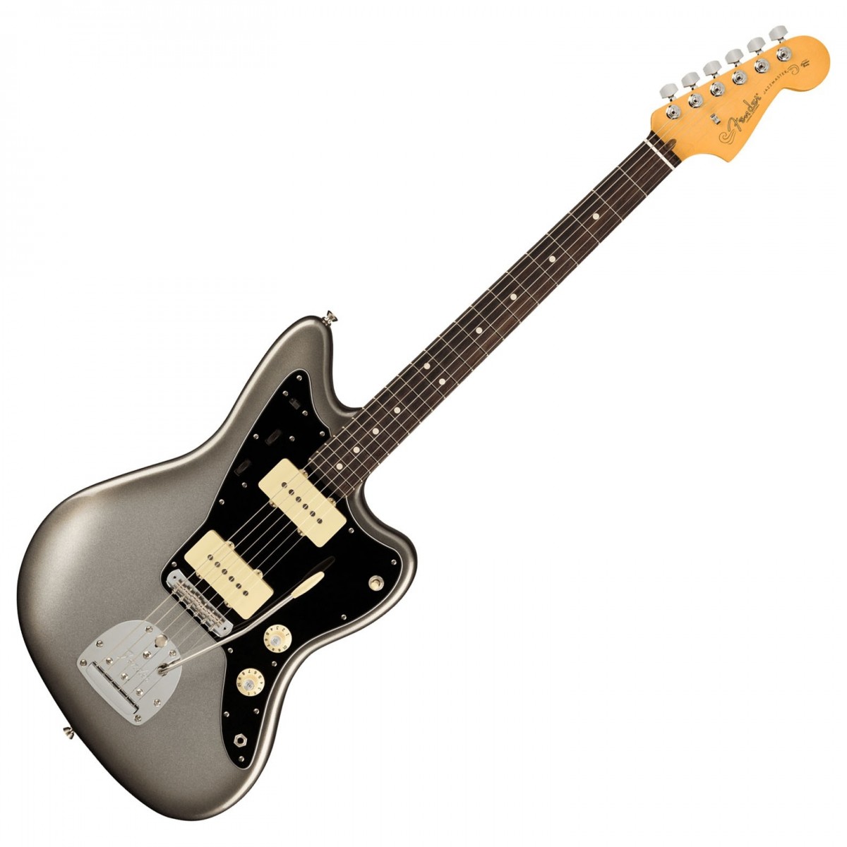 En bild på Fender American Pro II Jazzmaster RW Mercury | Sätter en ny standard i stil och prestanda. Fender American Pro II Jazzmaster är en fantastisk gitarr som tar dig med på en musikalisk resa som ingen annan. Med ljusa gnistrande kraftfulla V-Mod II enkelspoliga pickuper levererar den den ikoniska Fender twangen i kombination med modern dynamik och ljudkontroll. Den framstående uppsättningen av Jazzmaster-omkopplare gör att du kan forma din pickupton som aldrig tidigare - det är dags att jazza upp dina riff.   Byggd för professionellt spelande. Denna gitarr kan hantera vad som helst med en mjuk djup C Sidenmatt uretan-finishlönnhals som möjliggör sömlösa bandövergångar och oöverträffad manövrerbarhet. Tillägget av ett Panorama tremolo-system i världsklass ger dig också möjlighet att lägga till lite kryddig vibrato i dina riff. Om en sak är säker är det att Fender har skapat ännu ett mästerverk.