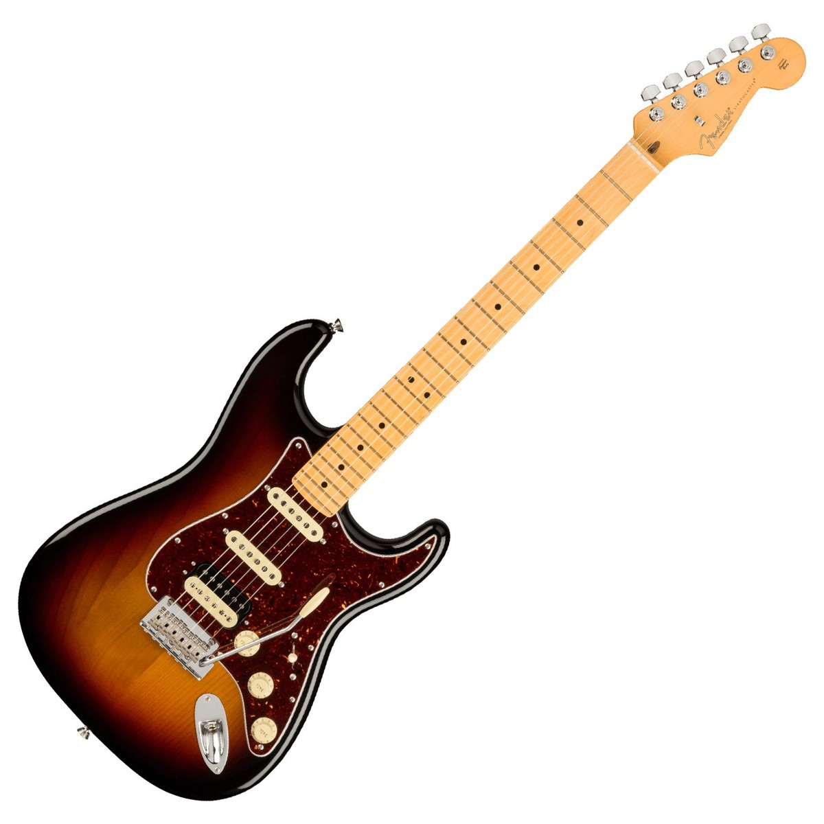 En bild på Fender American Pro II Stratocaster HSS MN 3-Tone Sunburst | Ikonisk. Det finns helt enkelt inget annat sätt att beskriva Stratocastern. Den har gett nytt liv till musiken under flera decennier. Och det har blivit ett riktigt kraftverk för en mängd olika stilar. Alla kommer ju till Stratocaster eller hur? Så denna Fender American Pro II Stratocaster HSS MN är här endast p.g.a. av en enda orsak. För att fortsätta arvet. Men den direkt igenkännliga Fender-stilen som får varje uppträdande och prestation att blomstra.   Sipprar ut klassisk karisma. Detta är en noggrant utformad Stratocaster. Fender har gjort allt för att säkerställa precision genomgående. Från V-Mod II-pickuperna till den populära djupa C -formade halsprofilen har Fender finjusterat varje detalj för att garantera ren prestanda och tidlös Fender-charm. Elegant beroendeframkallande spelbarhet som Stratocasters är kända för: din personliga spelstil får nytt liv Tack vare det nya two point synkroniserade svajstallet. Det är dags att måla fram din kreativitet på en tidsdefinierande palett - Stratocastern