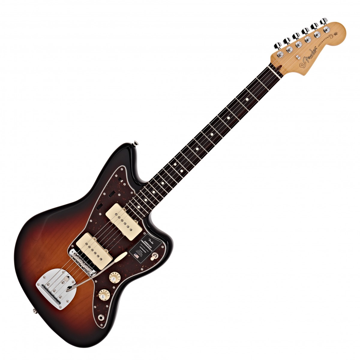 En bild på Fender American Pro II Jazzmaster RW 3-Tone Sunburst | Sätter en ny standard i stil och prestanda. Fender American Pro II Jazzmaster är en fantastisk gitarr som tar dig med på en musikalisk resa som ingen annan. Med ljusa gnistrande kraftfulla V-Mod II enkelspoliga pickuper levererar den den ikoniska Fender twangen i kombination med modern dynamik och ljudkontroll. Den framstående uppsättningen av Jazzmaster-omkopplare gör att du kan forma din pickupton som aldrig tidigare - det är dags att jazza upp dina riff.   Byggd för professionellt spelande. Denna gitarr kan hantera vad som helst med en mjuk djup C Sidenmatt uretan-finishlönnhals som möjliggör sömlösa bandövergångar och oöverträffad manövrerbarhet. Tillägget av ett Panorama tremolo-system i världsklass ger dig också möjlighet att lägga till lite kryddig vibrato i dina riff. Om en sak är säker är det att Fender har skapat ännu ett mästerverk.