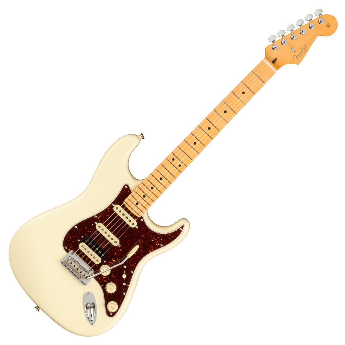 En bild på Fender American Pro II Stratocaster HSS MN Olympic White | Ikonisk. Det finns helt enkelt inget annat sätt att beskriva Stratocastern. Den har gett nytt liv till musiken under flera decennier. Och det har blivit ett riktigt kraftverk för en mängd olika stilar. Alla kommer ju till Stratocaster eller hur? Så denna Fender American Pro II Stratocaster HSS MN är här endast p.g.a. av en enda orsak. För att fortsätta arvet. Men den direkt igenkännliga Fender-stilen som får varje uppträdande och prestation att blomstra.   Sipprar ut klassisk karisma. Detta är en noggrant utformad Stratocaster. Fender har gjort allt för att säkerställa precision genomgående. Från V-Mod II-pickuperna till den populära djupa C -formade halsprofilen har Fender finjusterat varje detalj för att garantera ren prestanda och tidlös Fender-charm. Elegant beroendeframkallande spelbarhet som Stratocasters är kända för: din personliga spelstil får nytt liv Tack vare det nya two point synkroniserade svajstallet. Det är dags att måla fram din kreativitet på en tidsdefinierande palett - Stratocastern