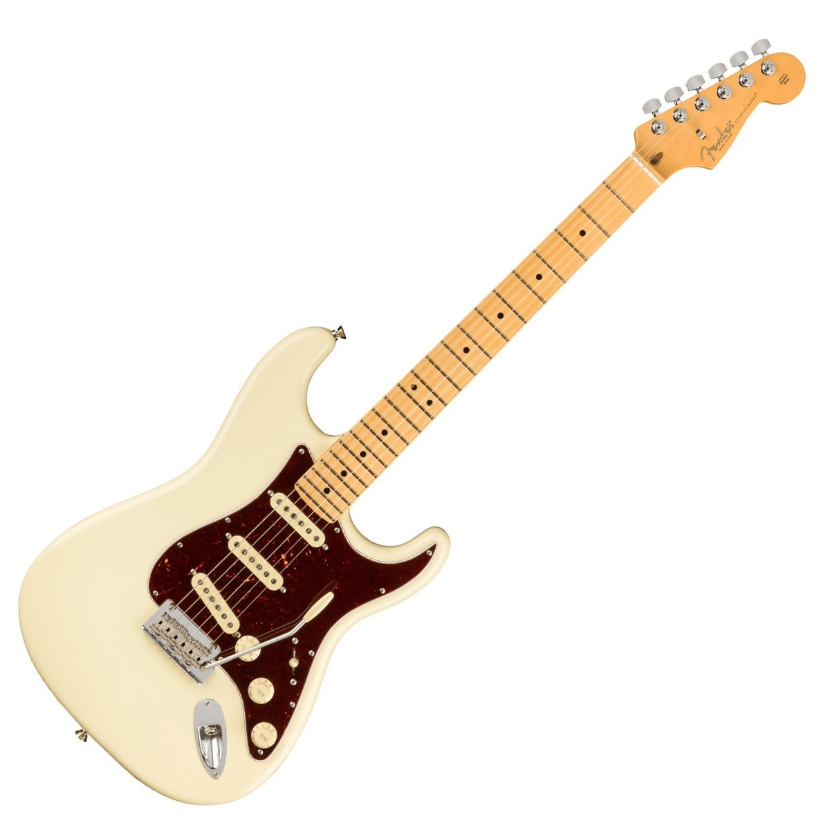 En bild på Fender American Pro II Stratocaster MN Olympic White | Ikonisk. Det finns helt enkelt inget annat sätt att beskriva Stratocastern. Den har gett nytt liv till musiken under flera decennier. Och det har blivit ett riktigt kraftverk för en mängd olika stilar. Alla kommer ju till Stratocaster eller hur? Så denna Fender American Pro II Stratocaster är här endast p.g.a. av en enda orsak. För att fortsätta arvet. Men den direkt igenkännliga Fender-stilen som får varje uppträdande och prestation att blomstra.   Sipprar ut klassisk karisma. Detta är en noggrant utformad Stratocaster. Fender har gjort allt för att säkerställa precision genomgående. Från V-Mod II-pickuperna till den populära djupa C-formade halsprofilen har Fender finjusterat varje detalj för att garantera ren prestanda och tidlös Fender-charm. Elegant beroendeframkallande spelbarhet som Stratocasters är kända för: din personliga spelstil får nytt liv Tack vare det nya two point synkroniserade svajstallet. Det är dags att måla fram din kreativitet på en tidsdefinierande palett - Stratocastern