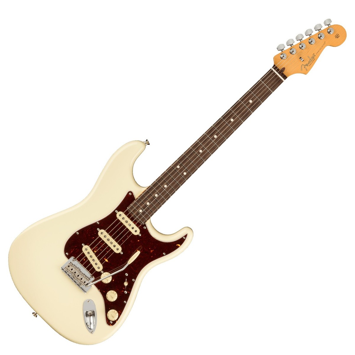 En bild på Fender American Pro II Stratocaster RW Olympic White | Ikonisk. Det finns helt enkelt inget annat sätt att beskriva Strat. Den har frodats genom decennier av musik. Och den har blivit en riktig kraftstation i många olika stilar. Alla älskar Strat eller hur? Så denna Fender American Pro II Stratocaster är här av en enda anledning. För att fortsätta arvet. Ger dig all den omedelbart igenkännliga Fender känslan som tänder alla prestanda.   Utsöndrar klassisk karisma. Detta är en noggrant designad Stratocaster. Och varje steg har tagits för att säkerställa precision hela tiden. Från V-Mod II pickuperna till den populära djupa C-formade halsprofilen har Fender finjusterat varje detalj för att säkerställa ren prestanda och tidlös Fender charm. Förvänta dig den snygga beroendeframkallande spelbarheten Strats är kända för att låta din person komma till liv med ett tvåpunkts synkroniserat stall. Det är dags att måla din kreativitet på en era-definierande duk - Stratocaster.