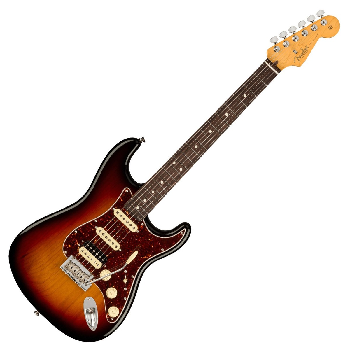 En bild på Fender American Professional II Stratocaster HSS RW 3-Tone Sunburst | Iconic. Det finns helt enkelt inget annat sätt att beskriva Strat. Det blomstrades genom decennier av musik. Och det har blivit ett riktigt kraftcenter över en mängd stilar. Alla kommer till Strat eller hur? Så denna Fender American Pro II Stratocaster HSS RW är här endast av en reason. För att fortsätta arvet. Med dig allt det direkt igenkännbara Fender stil som sätter alla prestanda upp.  Oozing med klassisk karisma. Detta är en noggrant utformad Stratocaster. Och varje steg har tagits för att säkerställa precision genomgående. Från V-Mod II-pickuperna till den populära djupa '' C '' -formade nackprofilen har Fender finjusterat varje detalj för att säkerställa ren prestanda och tidlös Fender charm. Förvänta dig den eleganta beroendeframkallande spelbarheten Strat's är kända för medan du låter din personlighet komma till liv med en tvåpunktssynkroniserad bro. Det är dags att måla din kreativitet på en tidsdefinierande duk - Stratocaster.
