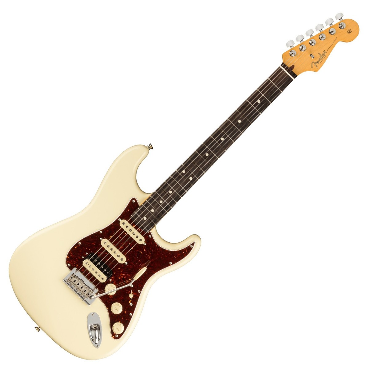 En bild på Fender American Pro II Stratocaster HSS RW Olympic White | Ikonisk. Det finns helt enkelt inget annat sätt att beskriva Stratocastern. Den har gett nytt liv till musiken under flera decennier. Och det har blivit ett riktigt kraftverk för en mängd olika stilar. Alla kommer ju till Stratocaster eller hur? Så denna Fender American Pro II Stratocaster HSS RW är här endast p.g.a. av en enda orsak. För att fortsätta arvet. Men den direkt igenkännliga Fender-stilen som får varje uppträdande och prestation att blomstra.   Sipprar ut klassisk karisma. Detta är en noggrant utformad Stratocaster. Fender har gjort allt för att säkerställa precision genomgående. Från V-Mod II-pickuperna till den populära djupa C -formade halsprofilen har Fender finjusterat varje detalj för att garantera ren prestanda och tidlös Fender-charm. Elegant beroendeframkallande spelbarhet som Stratocasters är kända för: din personliga spelstil får nytt liv Tack vare det nya two point synkroniserade svajstallet. Det är dags att måla fram din kreativitet på en tidsdefinierande palett - Stratocastern.